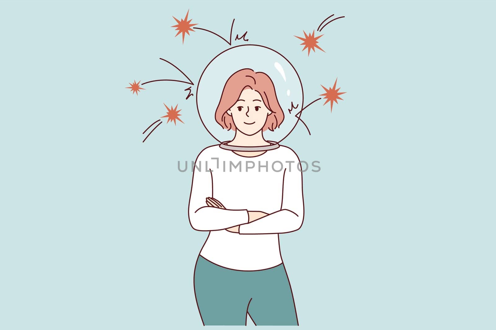 Woman demonstrates resistance to stress thanks to dome that protects from negativity and attacks from enemies. Girl uses psychological hacks to develop stress resistance and antifragility