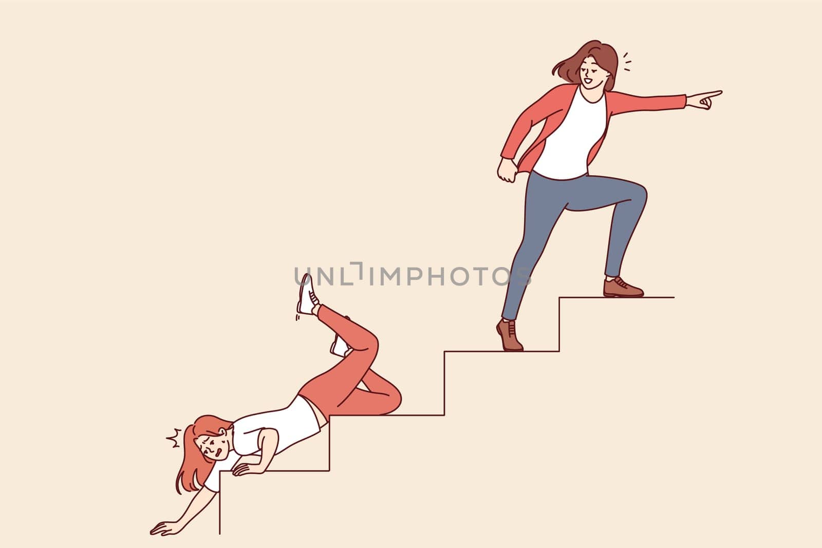 Women climb career ladder and achieve success or fall down, tormented from failure. Career ladder becomes insurmountable obstacle for weak person suffering from laziness or lack of motivation