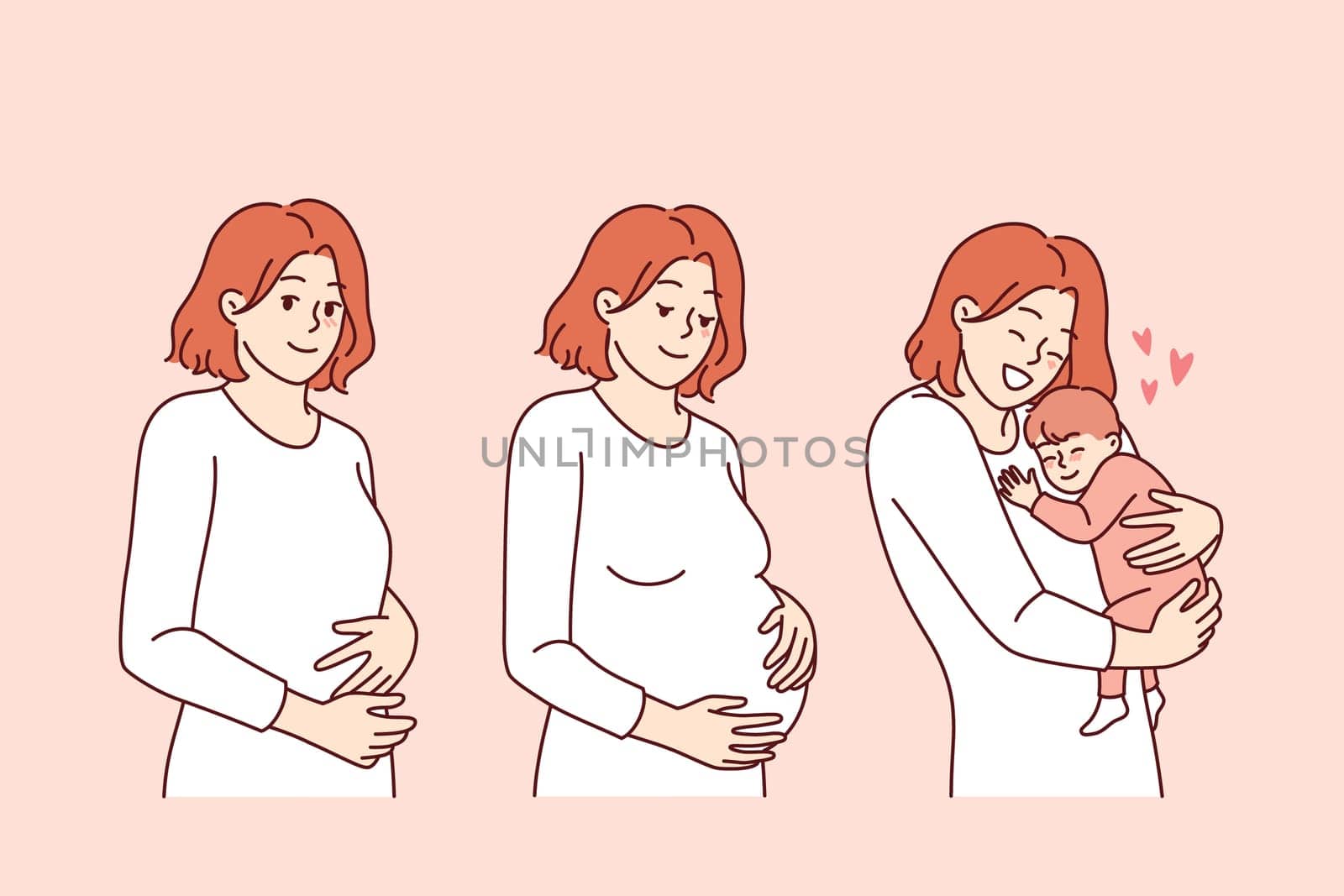 Pregnancy cycle of thin woman, during period of conception and after birth of baby. Happy girl experiences joy of motherhood thanks to surge of hormones and birth of wonderful son.