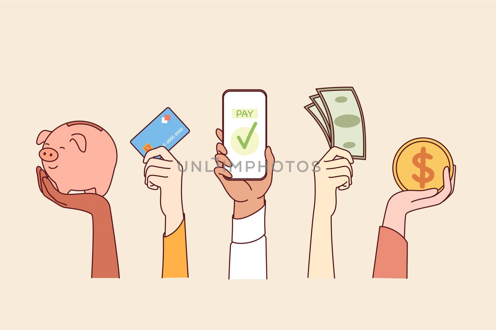 Different payment options show people hands
