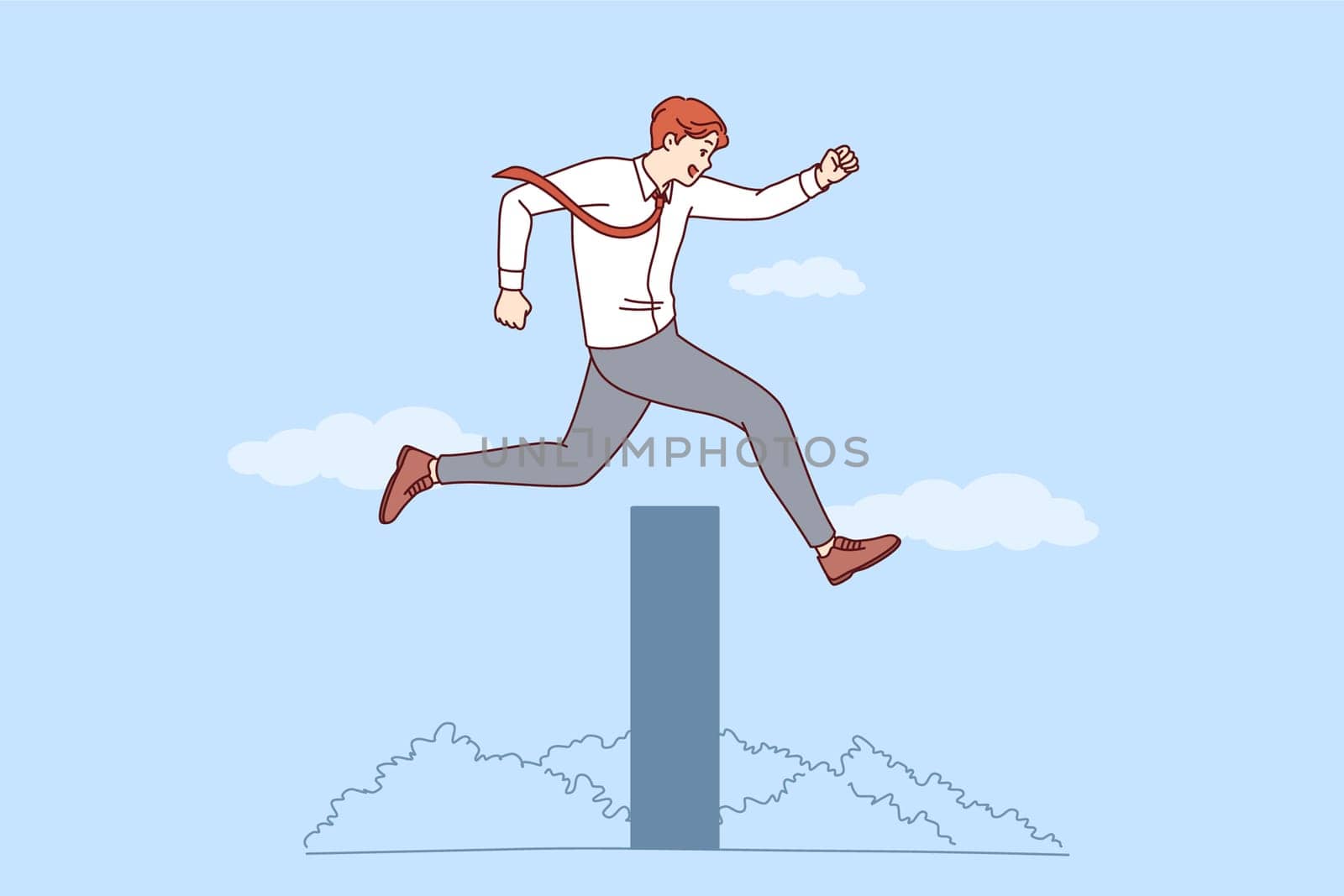 Ambitious business man overcomes obstacle on path to success by jumping over high wall. Successful businessman overcomes obstacles thanks to professional experience and motivation.