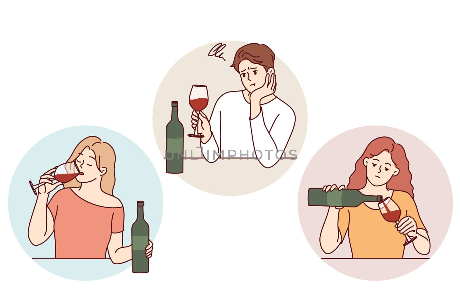 Problem of drinking alcohol beverages alone, in men and women who drink red wine. People with bottle and wineglass suffer from alcohol addiction and lack of friends to spend time together