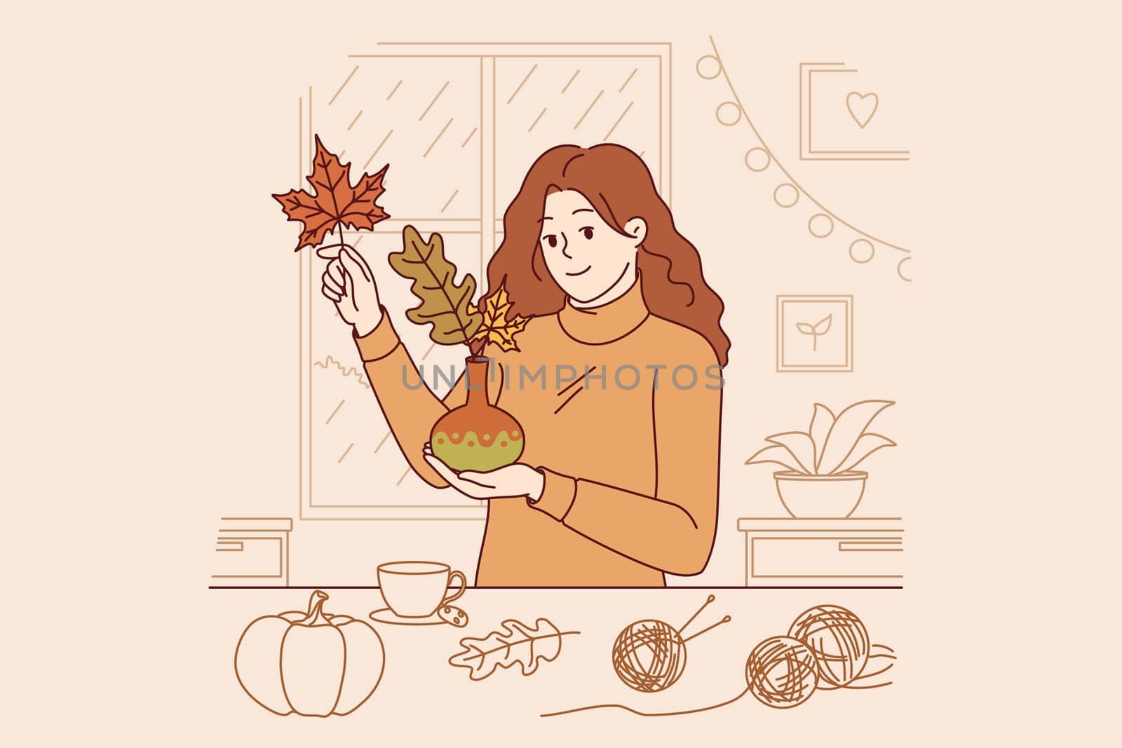 Woman collects bouquet of autumn leaves and places them in vase to decorate home on thanksgiving eve. Girl rejoices at arrival of autumn and makes decorations for apartment, creating cozy atmosphere