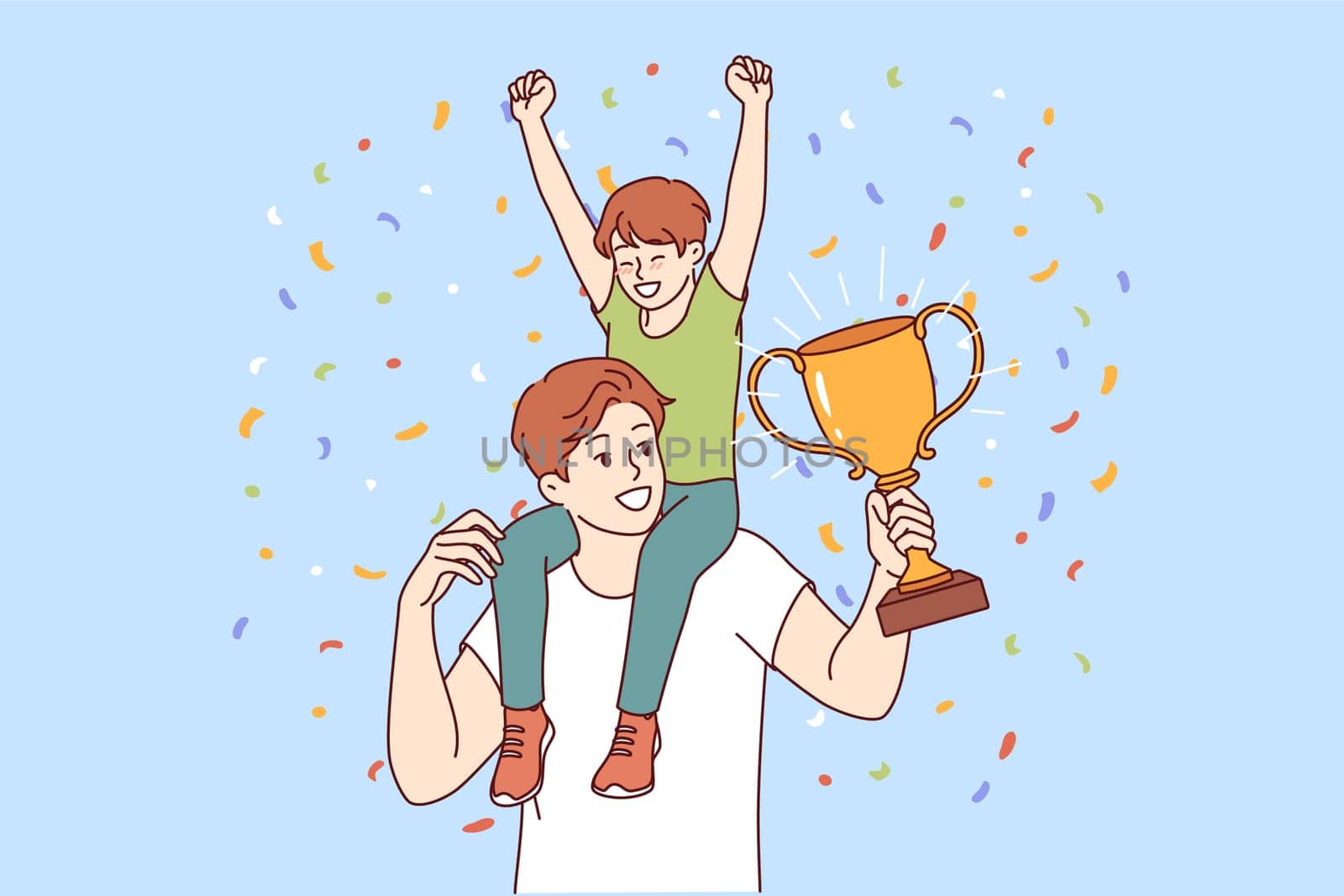 Dad with champion trophy and son sitting on podium celebrates father day and is proud of having heir. Young man received award for best father of year for success in raising child.