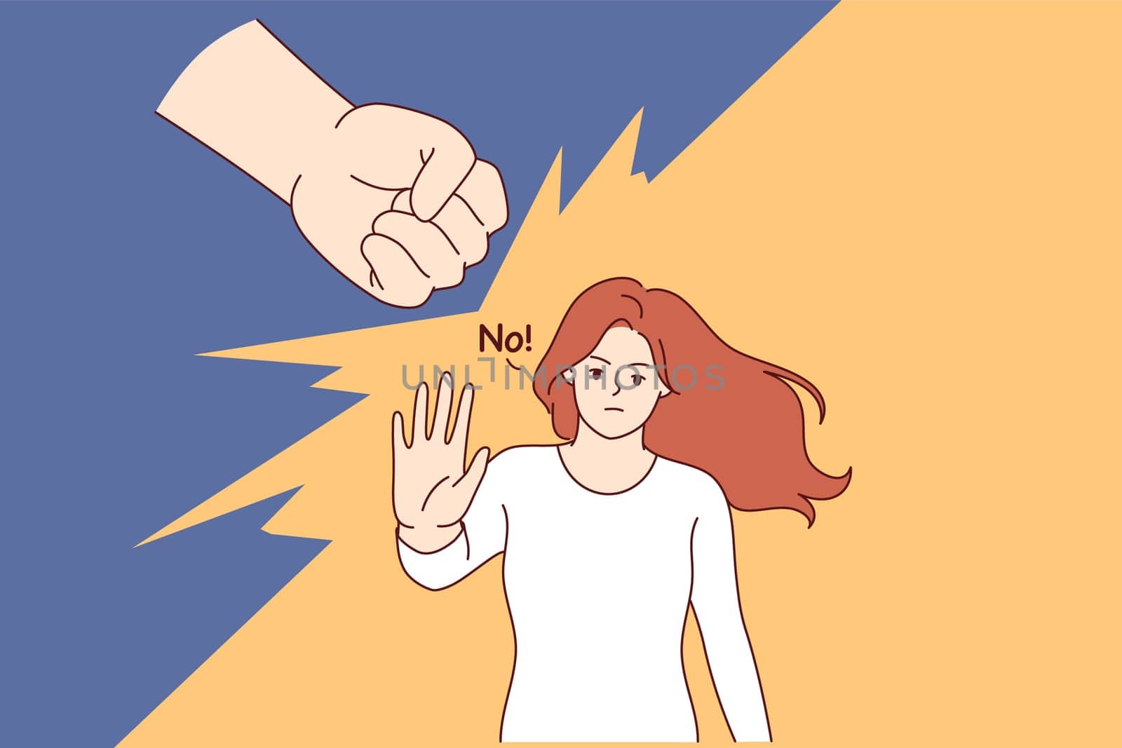 Woman says no to domestic violence and makes stop gesture, standing near fist of wants to strike. Girl resists domestic violence, wanting to get rid of toxic relationships and beatings