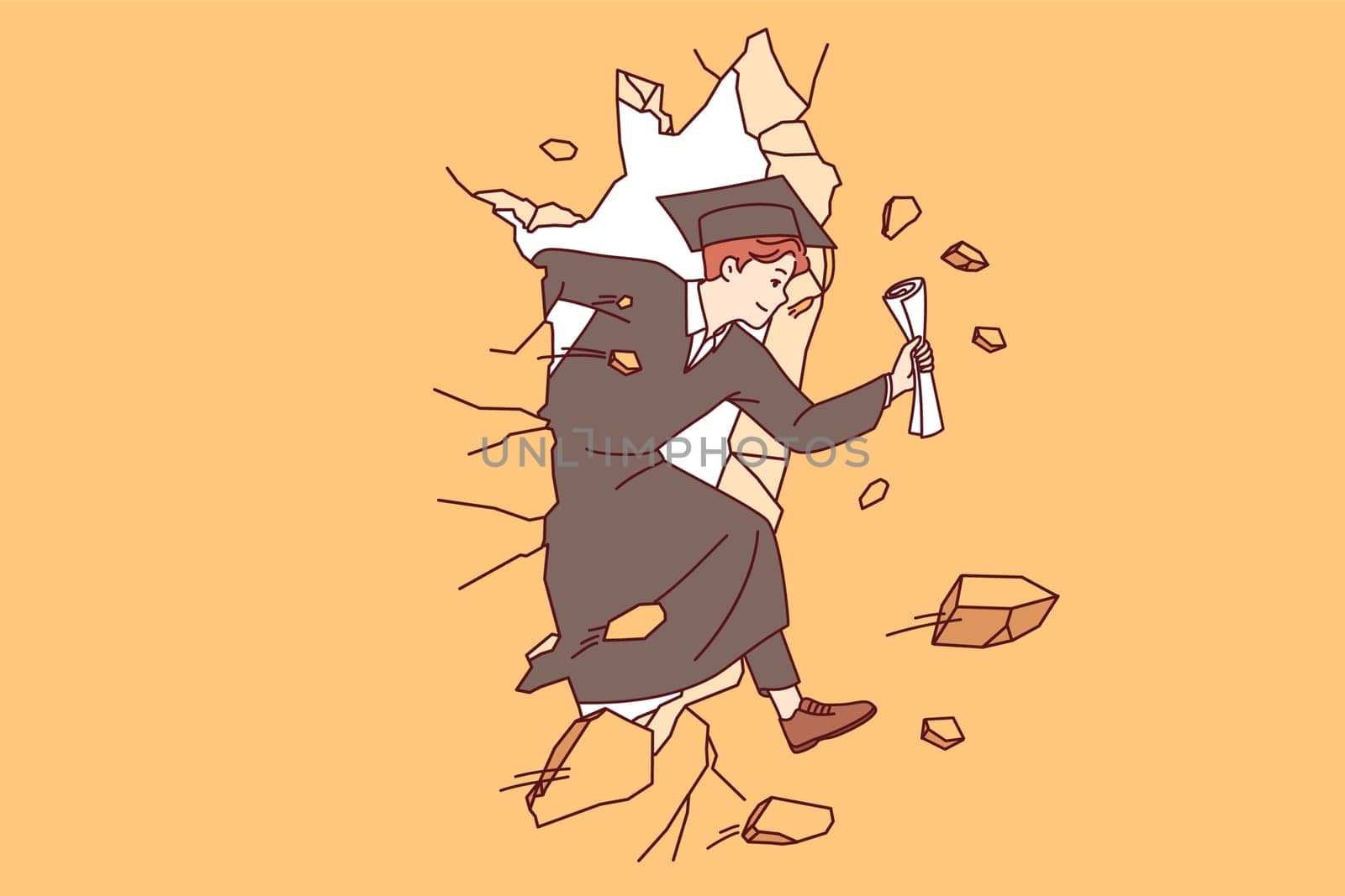 Ambitious guy, university graduate, breaks through obstacle thanks to self-confidence and presence of educational diploma. Man graduate in academic robe demonstrates power and desire for success