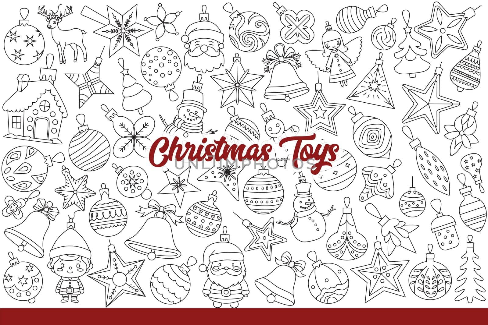 Christmas toys for decorating fir tree or fireplace and creating festive interior. Christmas toys in shape of snowman or animals and classic new year balls with simple ornament. Hand drawn.