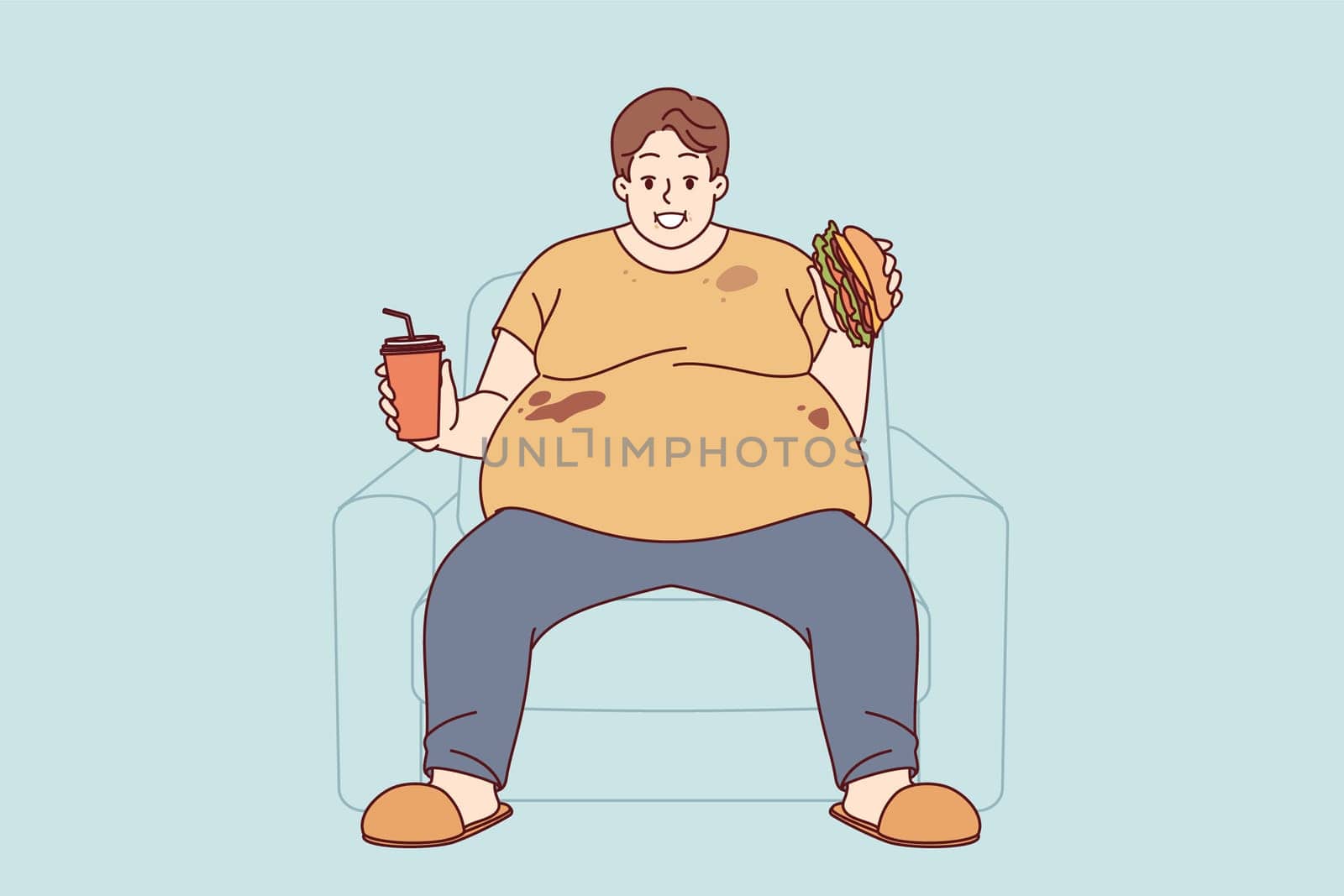 Fat man suffers from obesity caused by problem of overeating and smiles, sitting on sofa with burger and soda in hands. Fat guy eats junk food due to lack of willpower or genetic disease