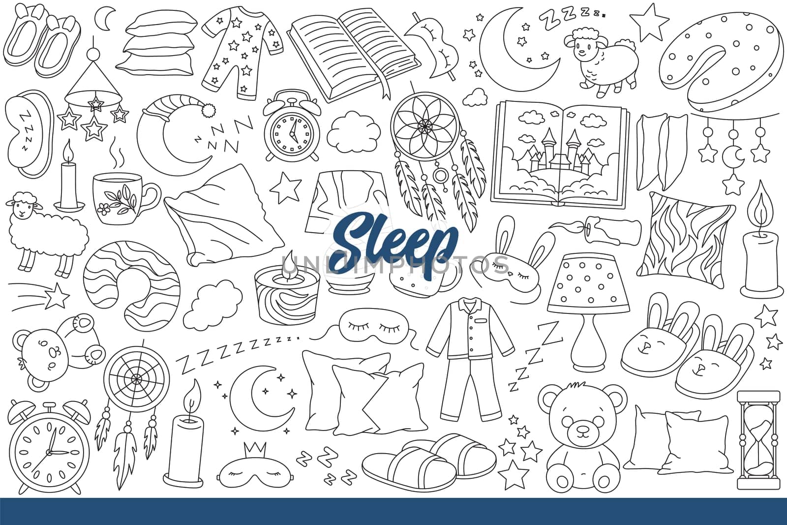 Symbols of sleep and healthy rest such as pajamas and pillows or candles and night amulets. Inscription sleep near toy bear and slippers or alarm clock and moon in sky. Hand drawn.