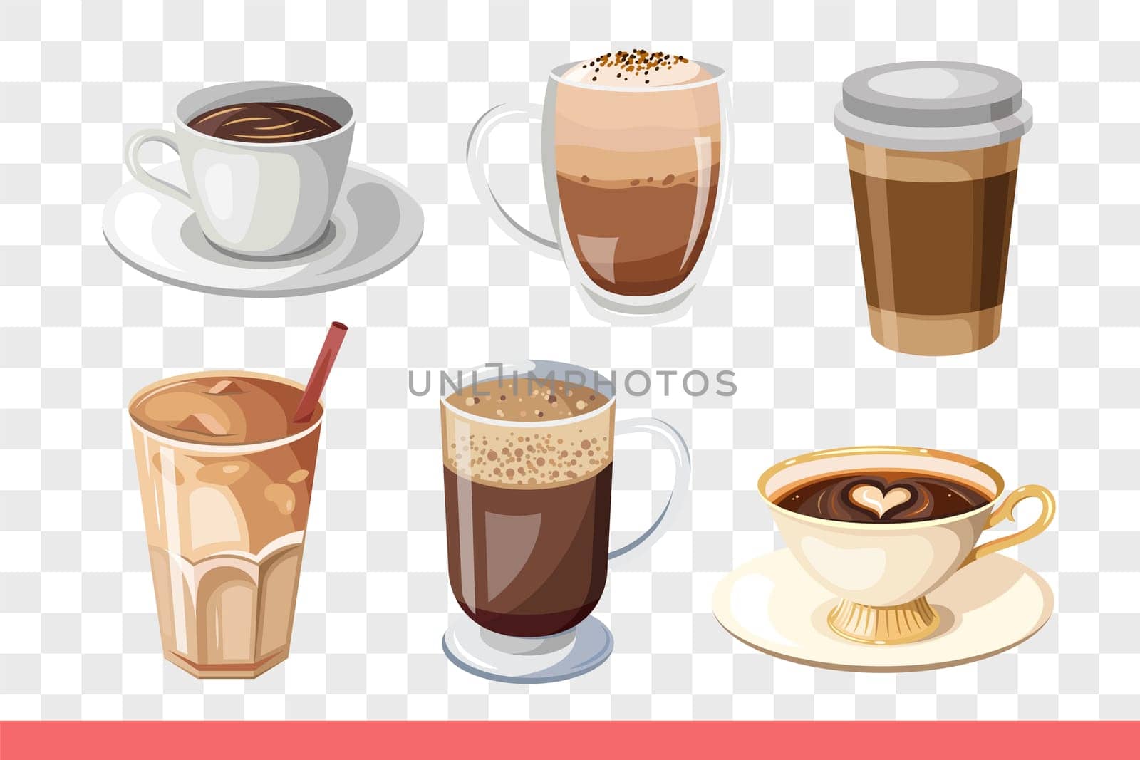 Coffee in mugs and glasses is prepared according to different recipes for coffeehouse visitors. Fragrant coffee latte or cappuccino with cinnamon, for delicious breakfast or lunch.