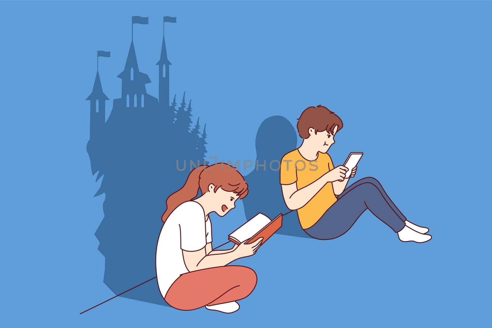 Girl develops imagination by reading book, sitting near boy suffering from digital addiction. Brother enthusiastically plays video games while sister develops imagination, imagining magic castle
