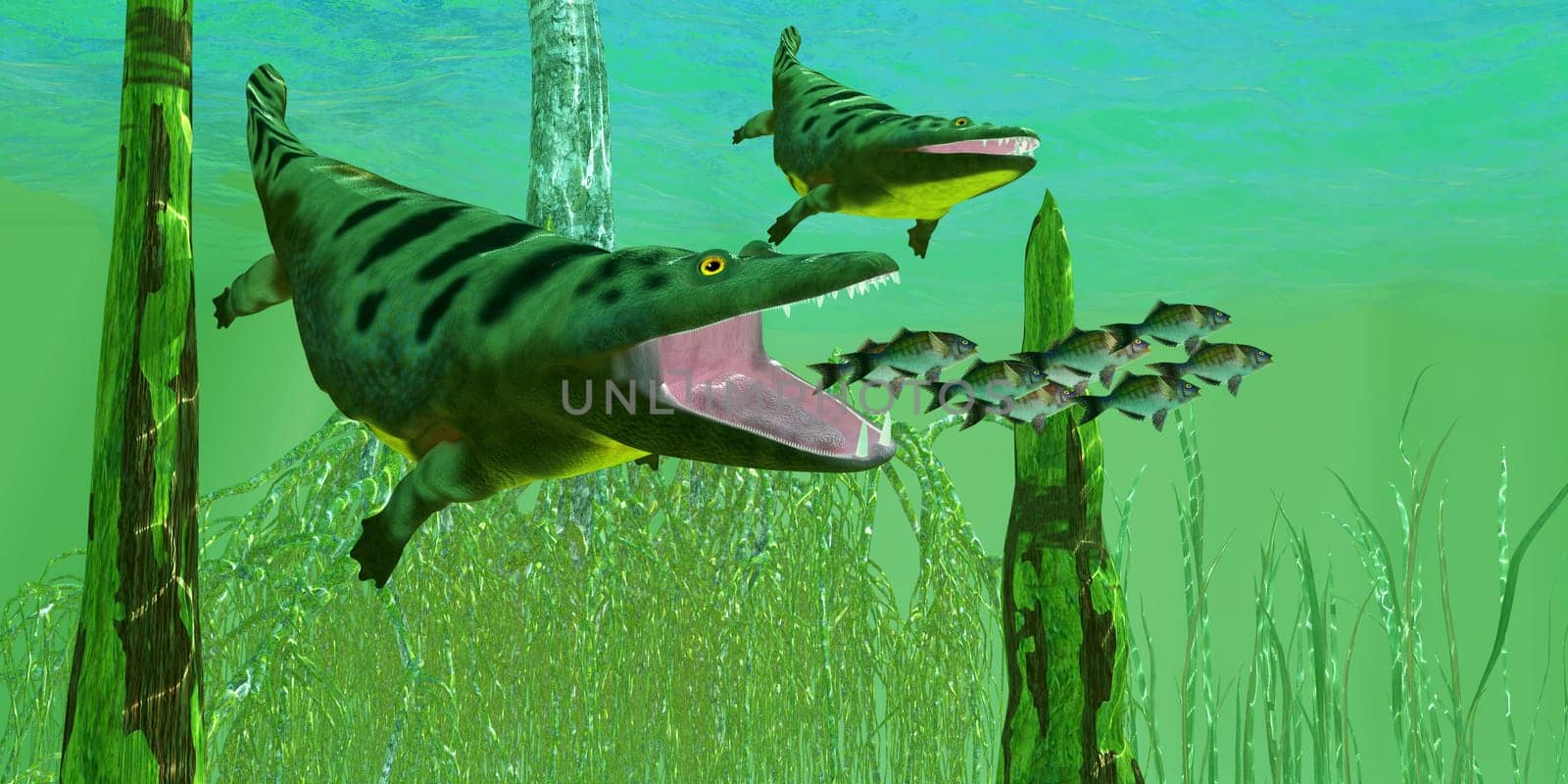 Mastodonsaurus reptiles chase a school of lake perch during the Triassic Period of Europe.