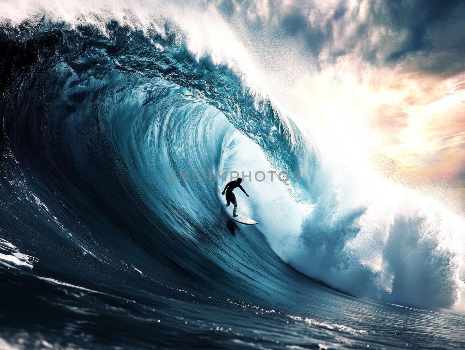 Dynamic image of a surfer skillfully riding a massive ocean wave, capturing the thrill and adventure of surfing.