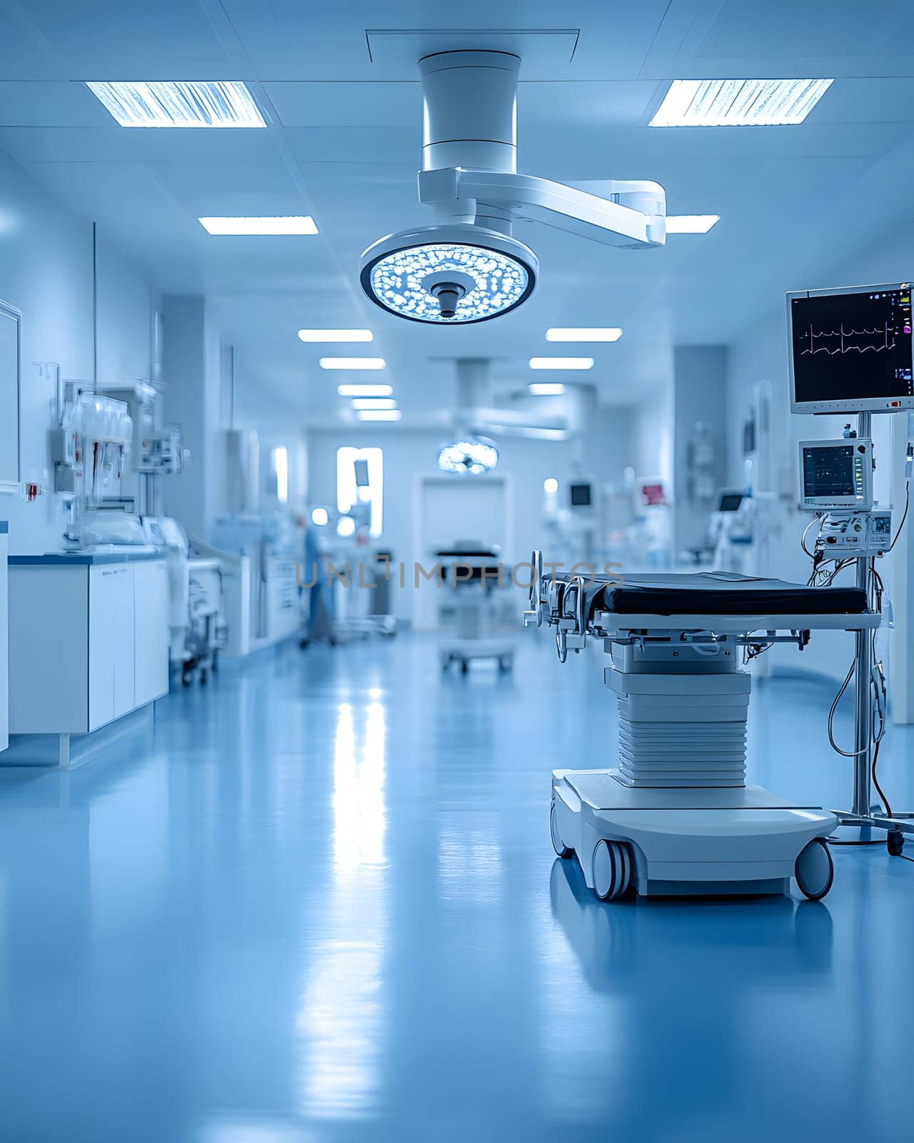 A futuristic hospital controlled by AI conveys the advancement of medical technology and high efficiency of healthcare. Perfect for illustrations for research articles about the future of healthcare.