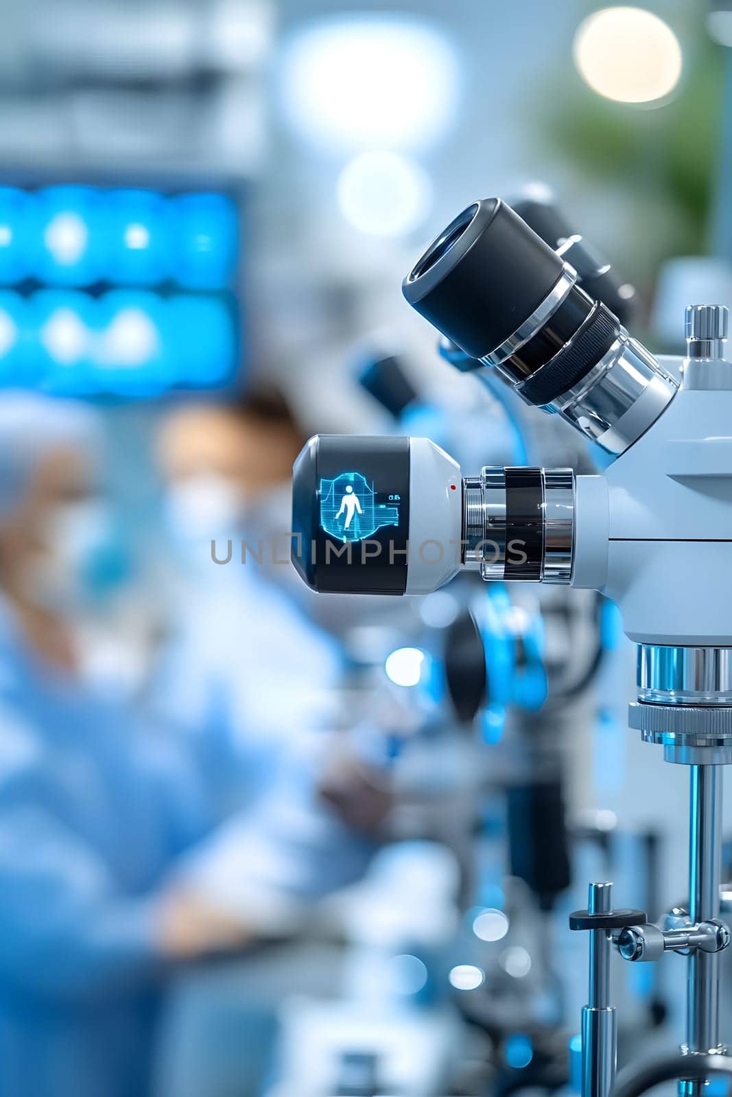A futuristic hospital controlled by AI conveys the advancement of medical technology and high efficiency of healthcare. Perfect for illustrations for research articles about the future of healthcare.