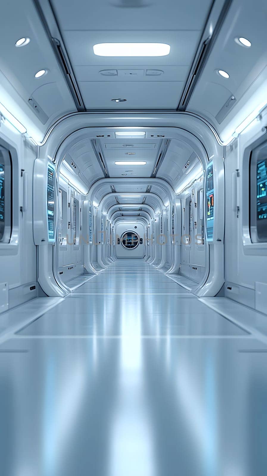 A futuristic hospital controlled by AI conveys the advancement of medical technology and high efficiency of healthcare. Perfect for illustrations for research articles about the future of healthcare.