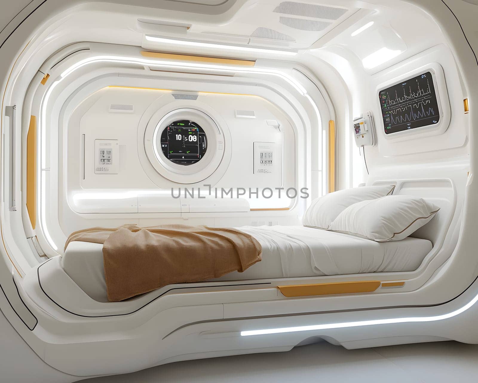A futuristic hospital controlled by AI conveys the advancement of medical technology and high efficiency of healthcare. Perfect for illustrations for research articles about the future of healthcare.