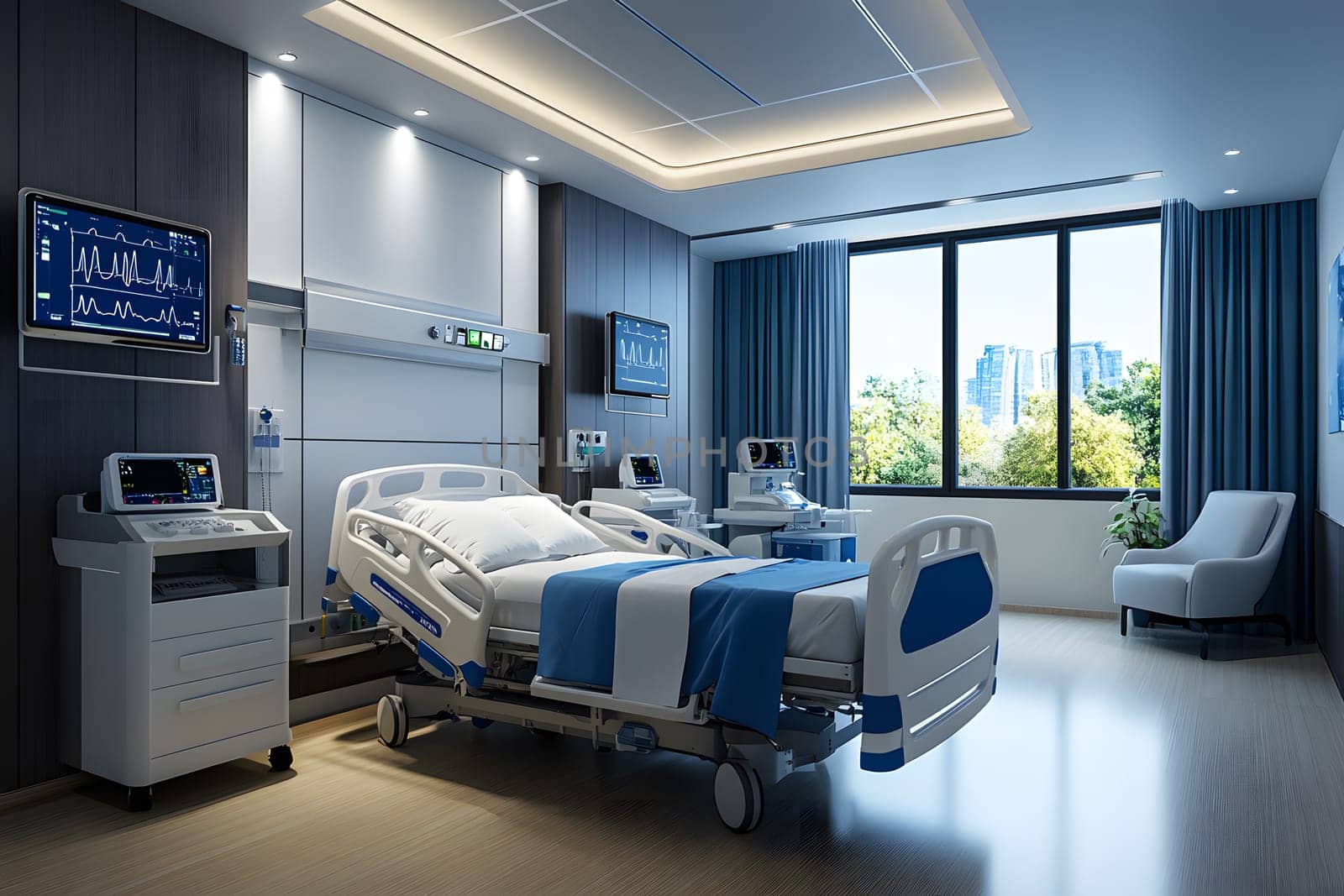 A futuristic hospital controlled by AI conveys the advancement of medical technology and high efficiency of healthcare. Perfect for illustrations for research articles about the future of healthcare.
