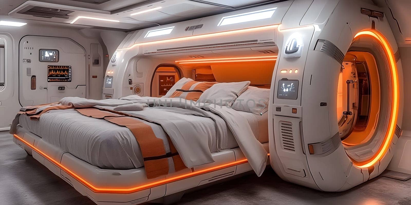 A futuristic hospital controlled by AI conveys the advancement of medical technology and high efficiency of healthcare. Perfect for illustrations for research articles about the future of healthcare.
