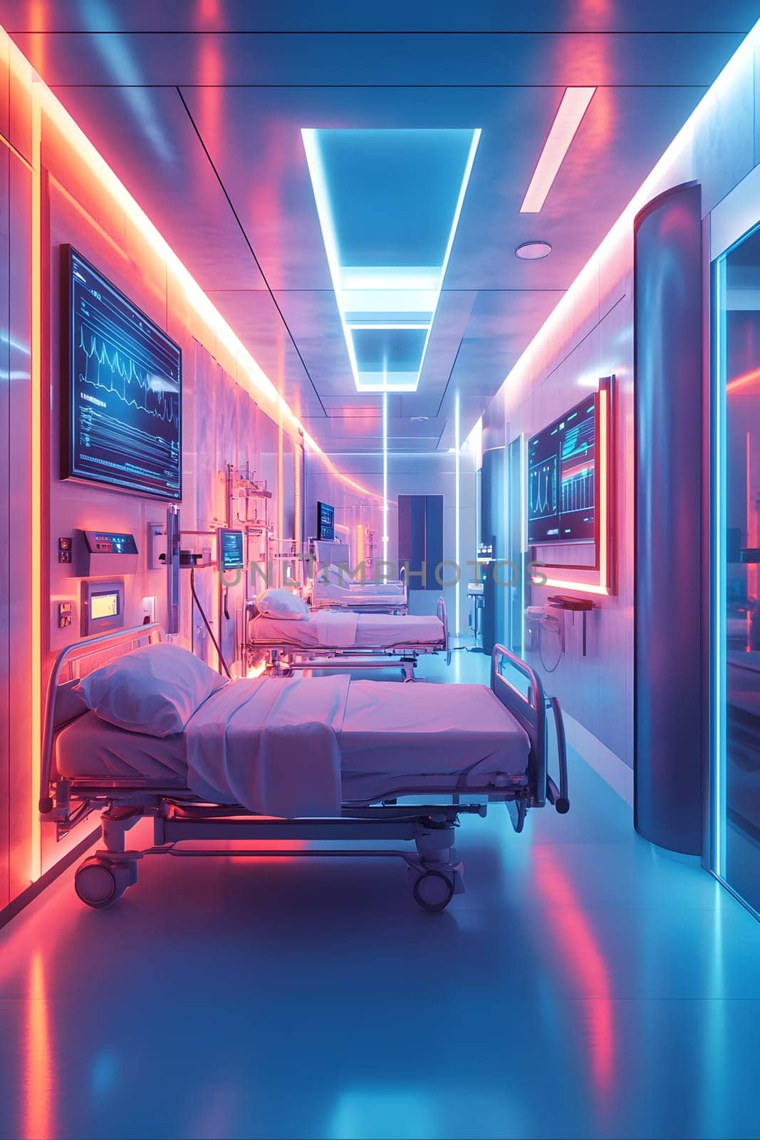 A futuristic hospital controlled by AI conveys the advancement of medical technology and high efficiency of healthcare. Perfect for illustrations for research articles about the future of healthcare.