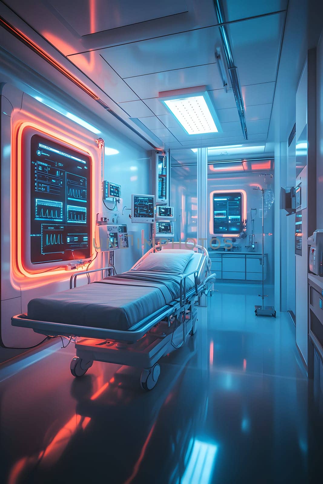 A futuristic hospital controlled by AI conveys the advancement of medical technology and high efficiency of healthcare. Perfect for illustrations for research articles about the future of healthcare.