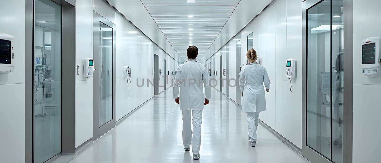 A futuristic hospital controlled by AI conveys the advancement of medical technology and high efficiency of healthcare. Perfect for illustrations for research articles about the future of healthcare.