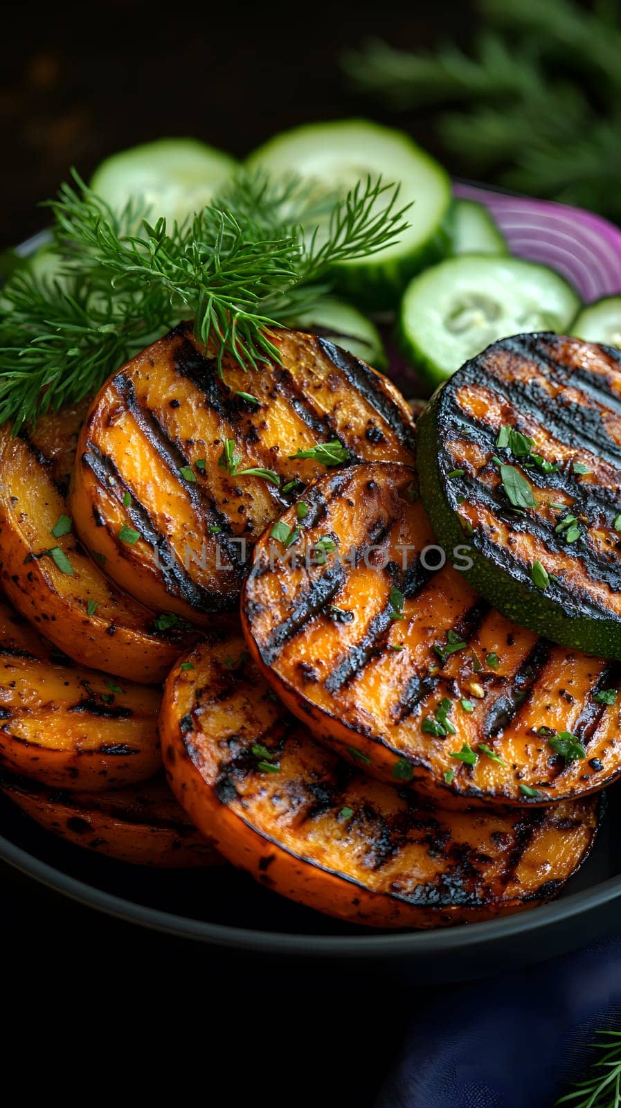 Colorful grilled vegetables on plate represent the freshness and attention to detail of the food, suitable for health communication, advertising healthy food that emphasizes the balance of nutrients.