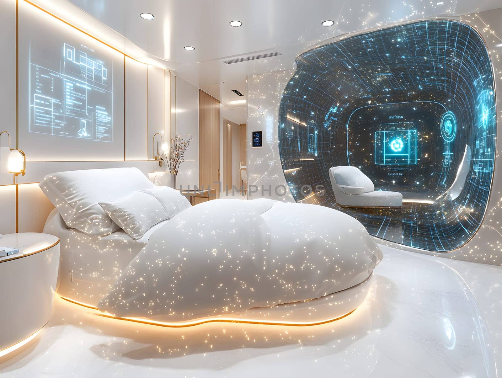 A futuristic hospital controlled by AI conveys the advancement of medical technology and high efficiency of healthcare. Perfect for illustrations for research articles about the future of healthcare.