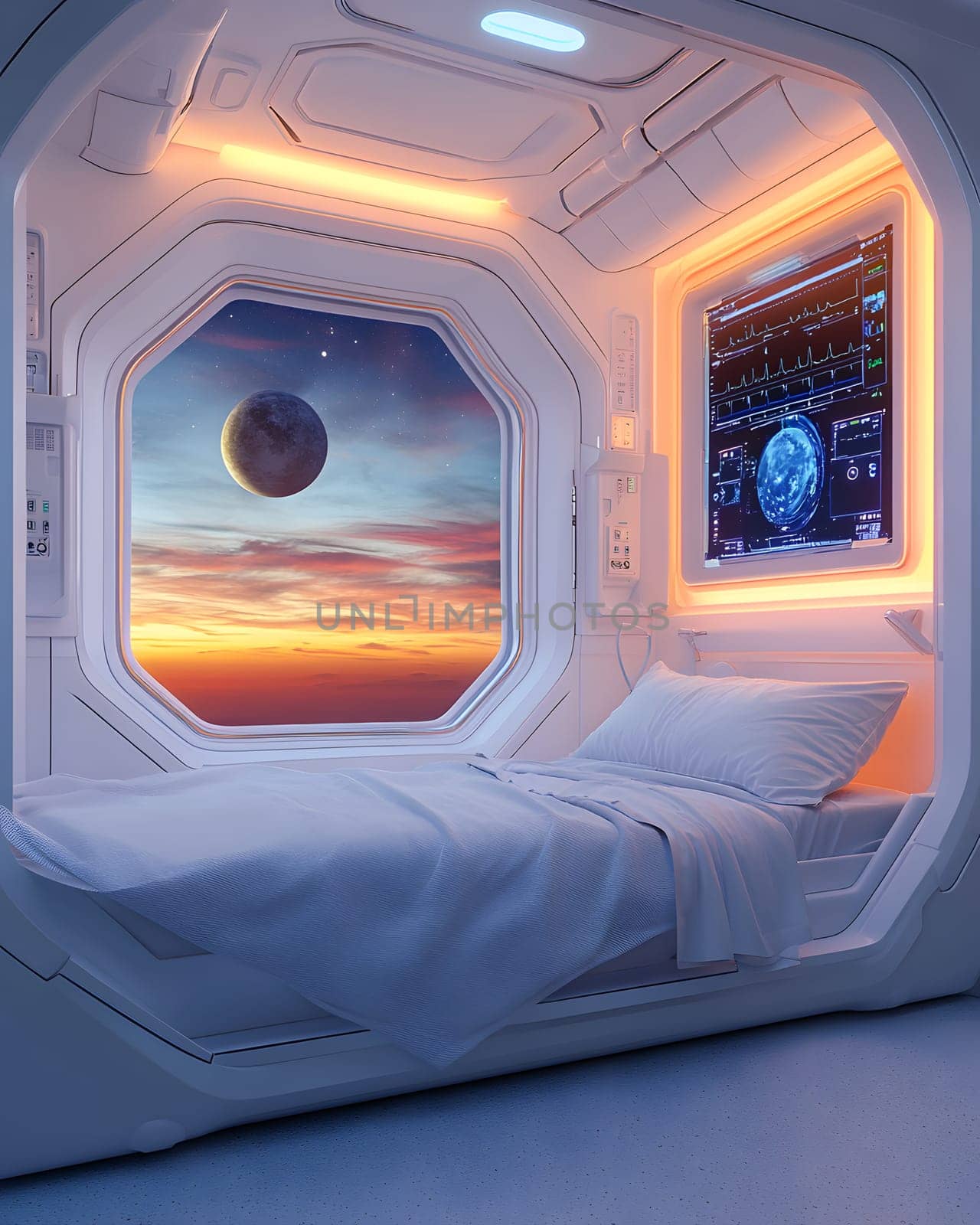 A futuristic hospital controlled by AI conveys the advancement of medical technology and high efficiency of healthcare. Perfect for illustrations for research articles about the future of healthcare.
