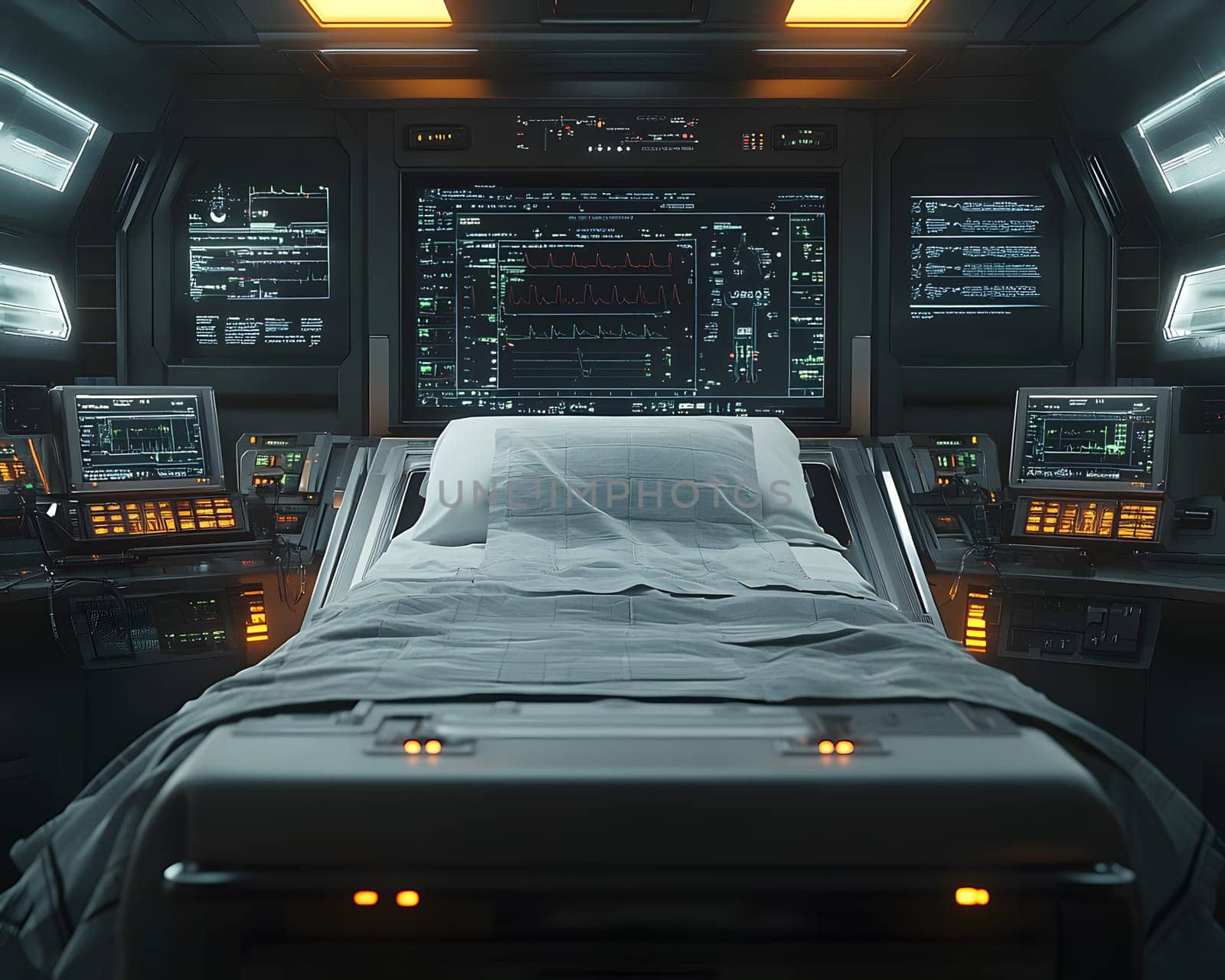 A futuristic hospital controlled by AI conveys the advancement of medical technology and high efficiency of healthcare. Perfect for illustrations for research articles about the future of healthcare.