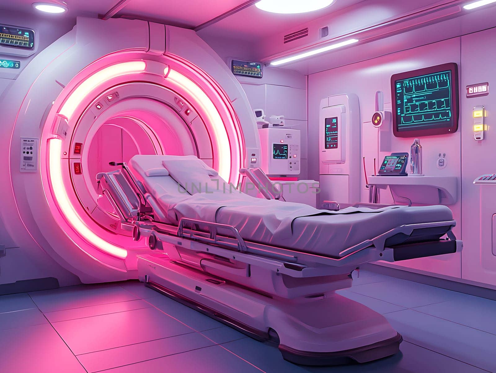A futuristic hospital controlled by AI conveys the advancement of medical technology and high efficiency of healthcare. Perfect for illustrations for research articles about the future of healthcare.