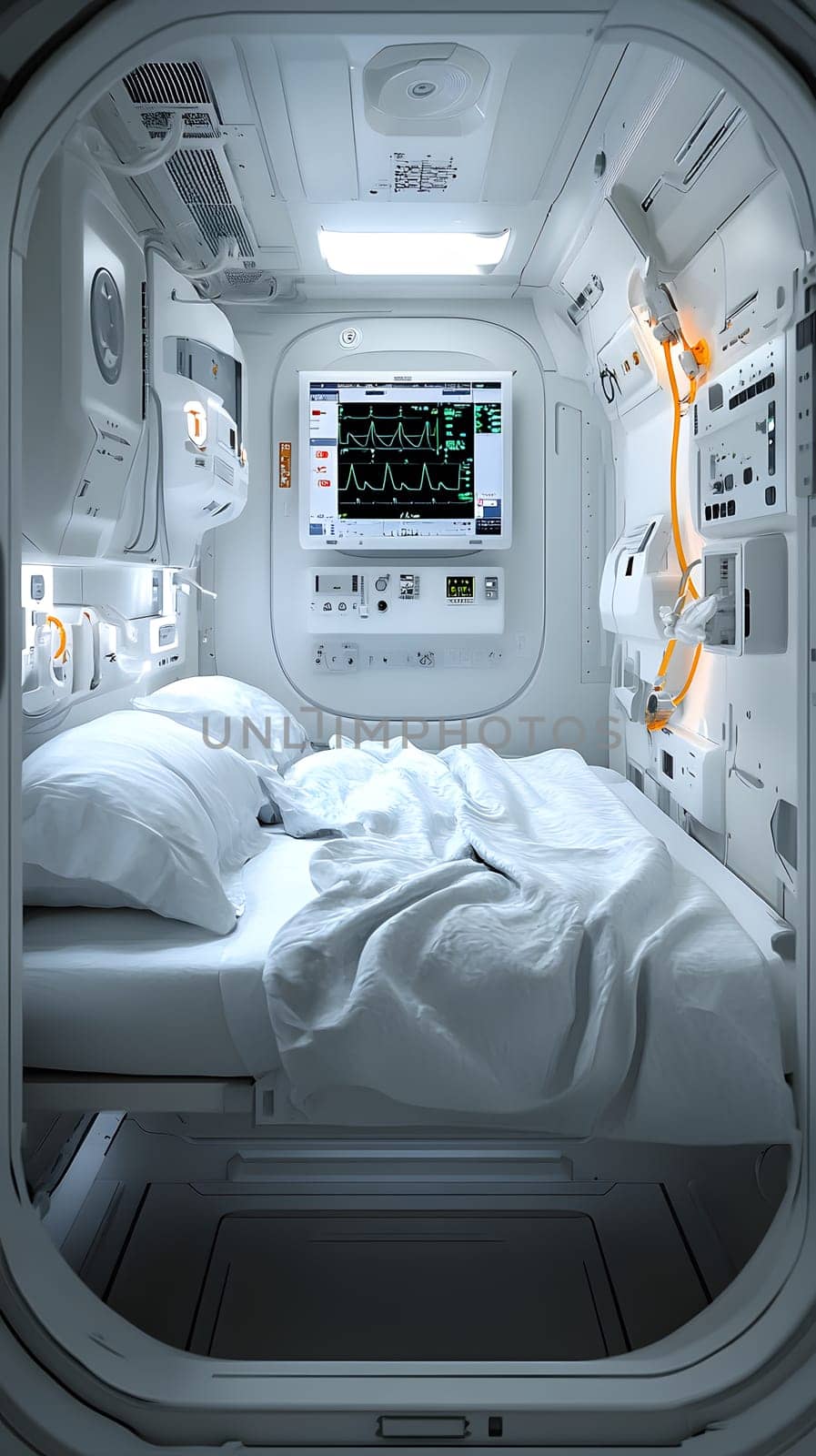 A futuristic hospital controlled by AI conveys the advancement of medical technology and high efficiency of healthcare. Perfect for illustrations for research articles about the future of healthcare.