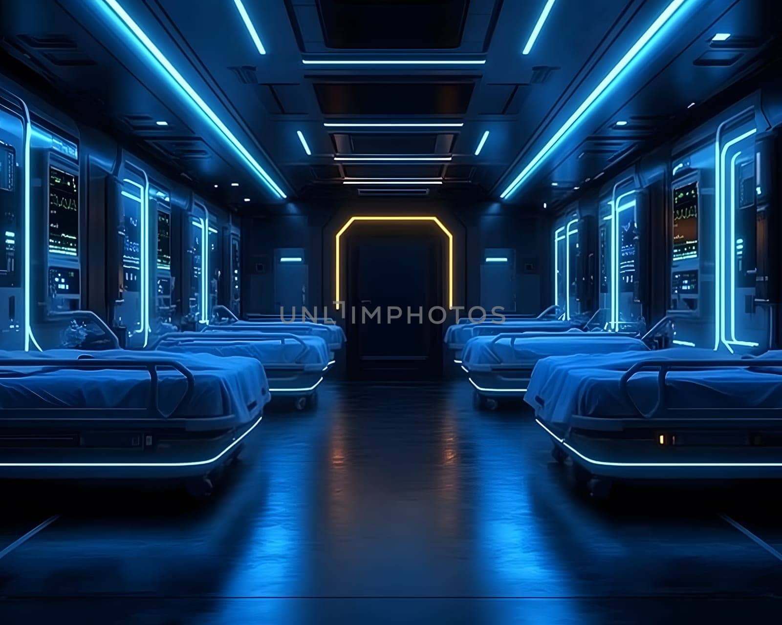 A futuristic hospital controlled by AI conveys the advancement of medical technology and high efficiency of healthcare. Perfect for illustrations for research articles about the future of healthcare.