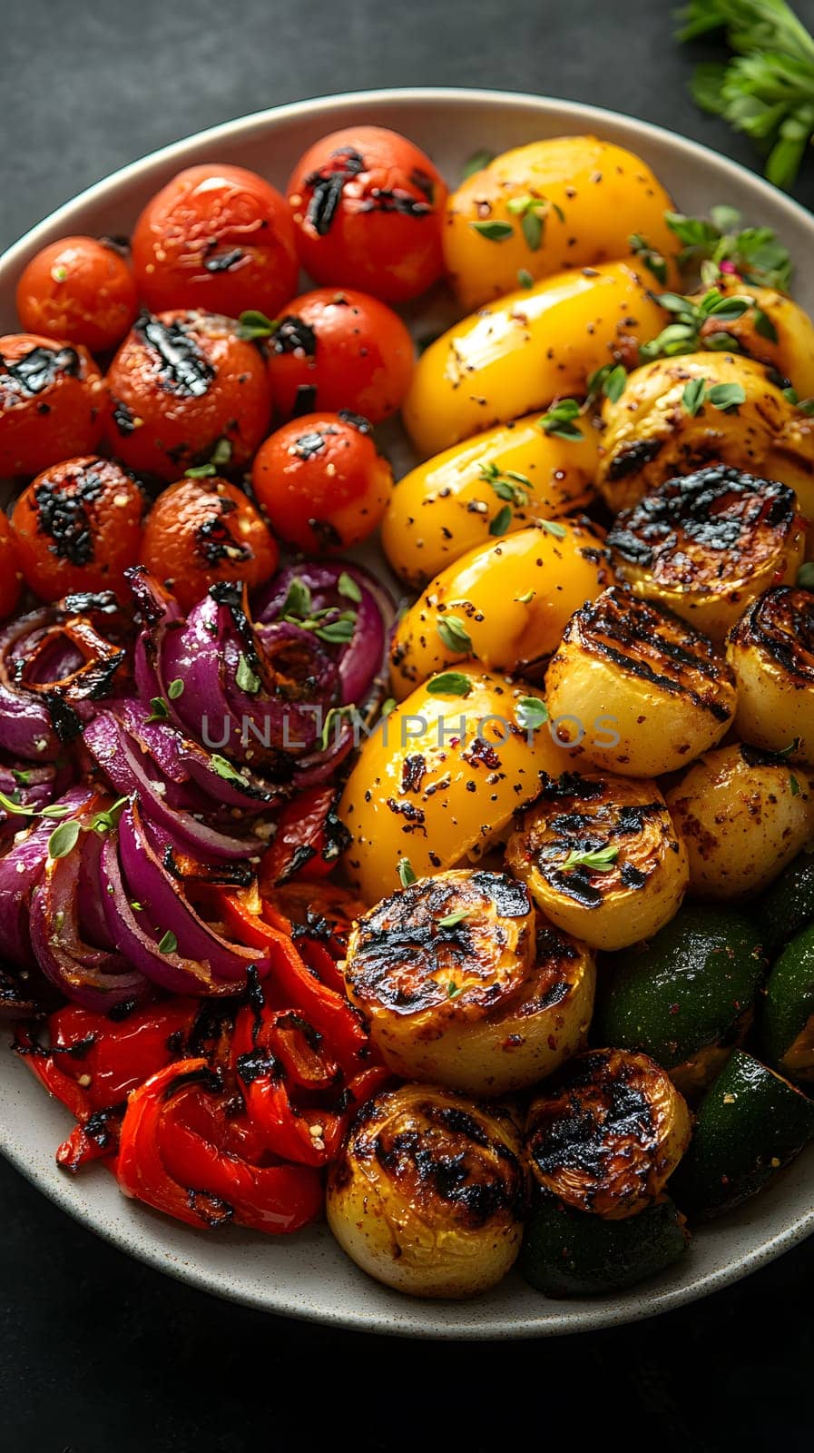 Colorful grilled vegetables on plate represent the freshness and attention to detail of the food, suitable for health communication, advertising healthy food that emphasizes the balance of nutrients.