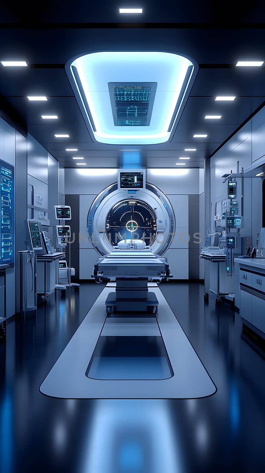 A futuristic hospital controlled by AI conveys the advancement of medical technology and high efficiency of healthcare. Perfect for illustrations for research articles about the future of healthcare.