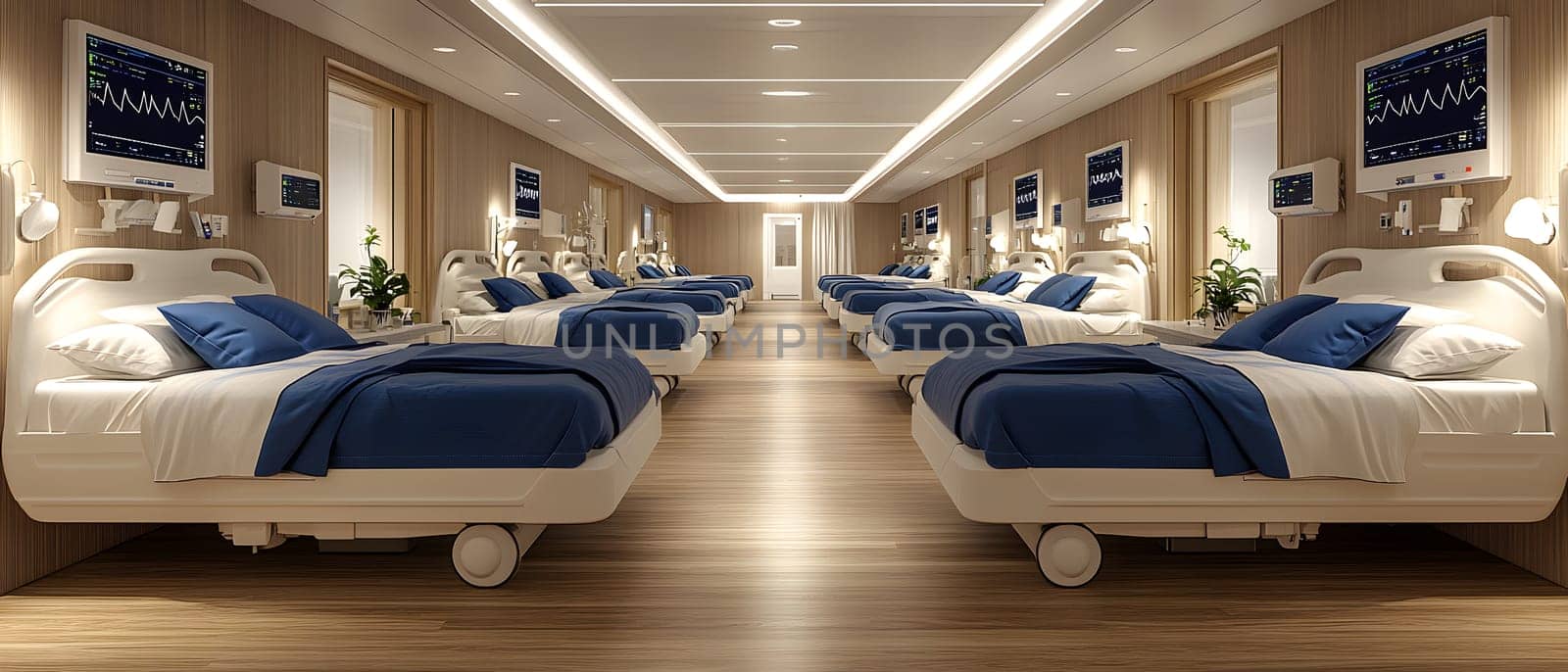 A futuristic hospital controlled by AI conveys the advancement of medical technology and high efficiency of healthcare. Perfect for illustrations for research articles about the future of healthcare.
