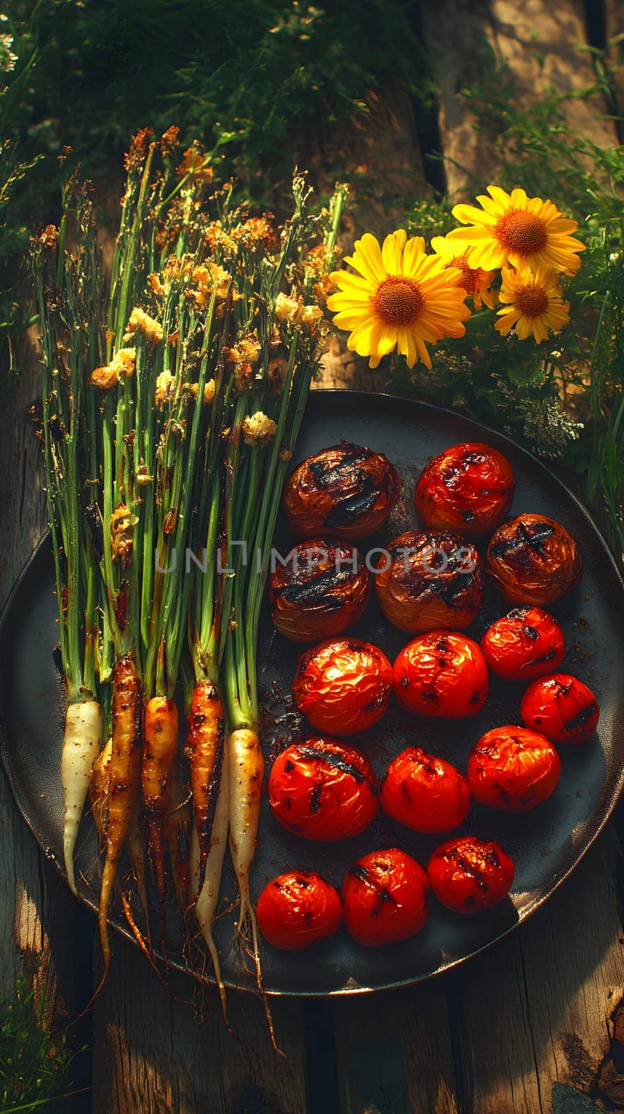 Colorful grilled vegetables on plate represent the freshness and attention to detail of the food, suitable for health communication, advertising healthy food that emphasizes the balance of nutrients.