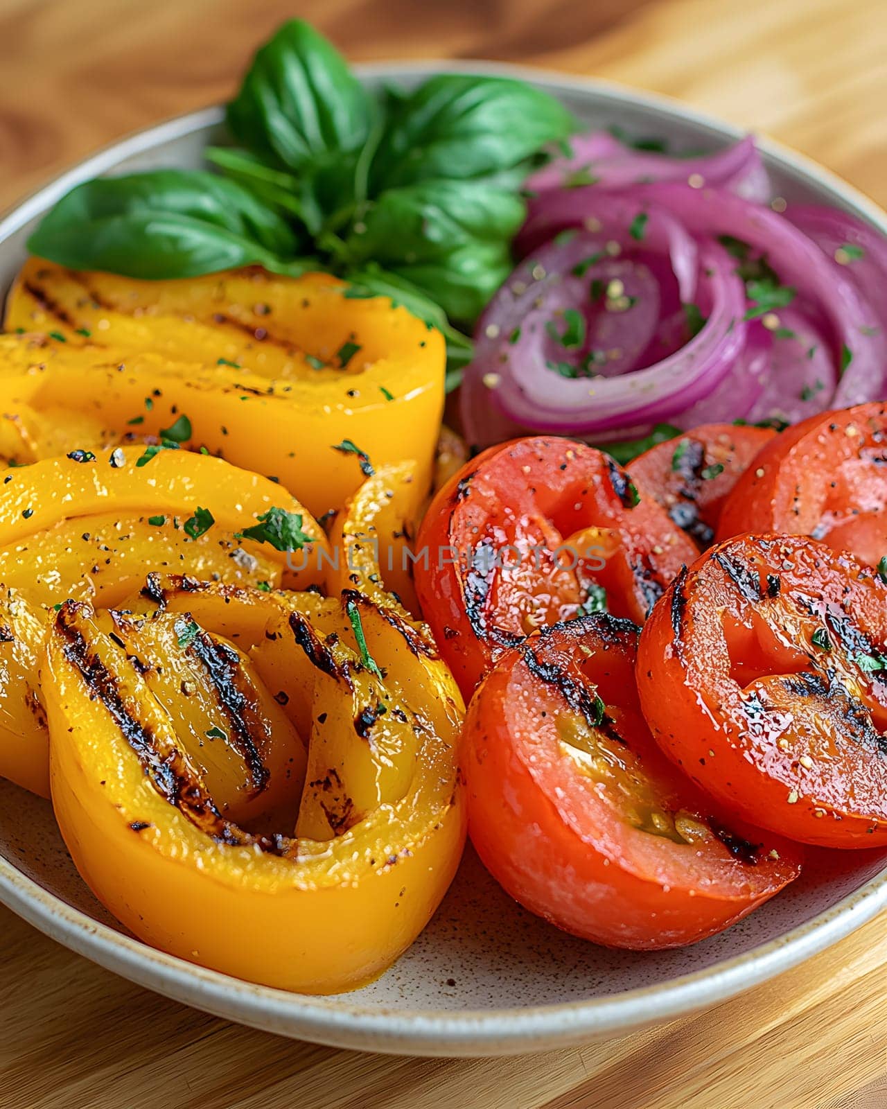 Colorful grilled vegetables on plate represent the freshness and attention to detail of the food, suitable for health communication, advertising healthy food that emphasizes the balance of nutrients.