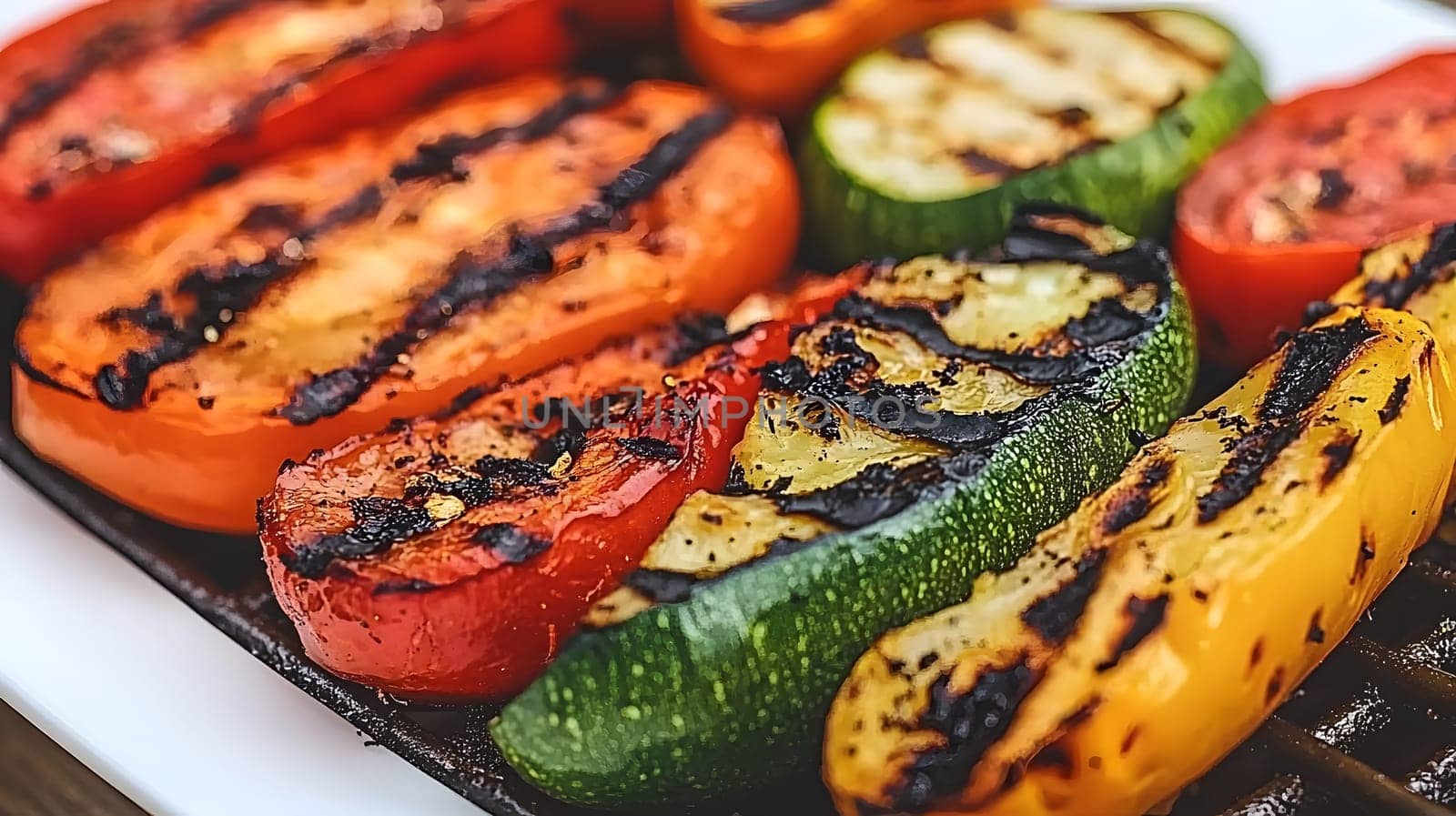 Colorful grilled vegetables on plate represent the freshness and attention to detail of the food, suitable for health communication, advertising healthy food that emphasizes the balance of nutrients.