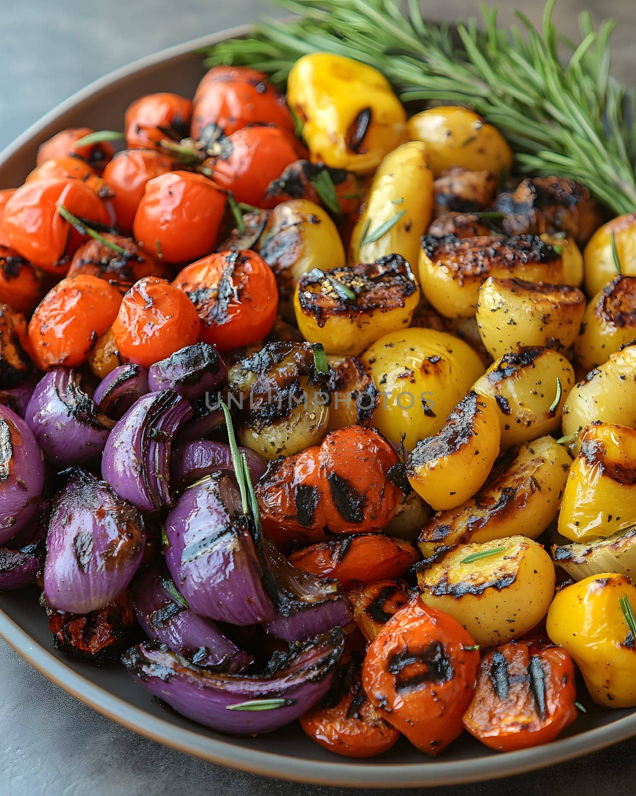 Colorful grilled vegetables on plate represent the freshness and attention to detail of the food, suitable for health communication, advertising healthy food that emphasizes the balance of nutrients.