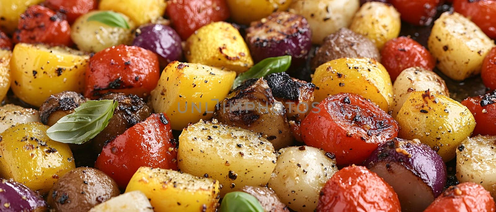 Colorful grilled vegetables on plate represent the freshness and attention to detail of the food, suitable for health communication, advertising healthy food that emphasizes the balance of nutrients.