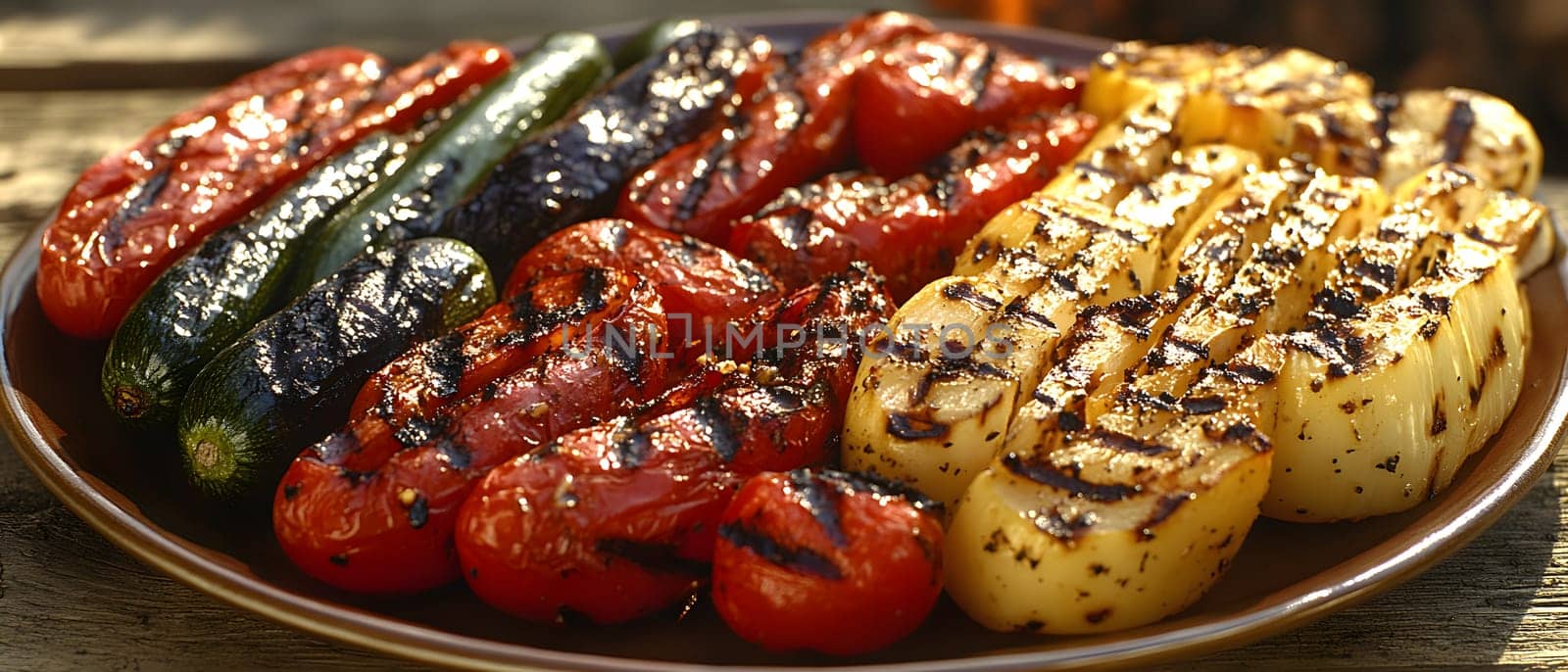 Colorful grilled vegetables on plate represent the freshness and attention to detail of the food, suitable for health communication, advertising healthy food that emphasizes the balance of nutrients.