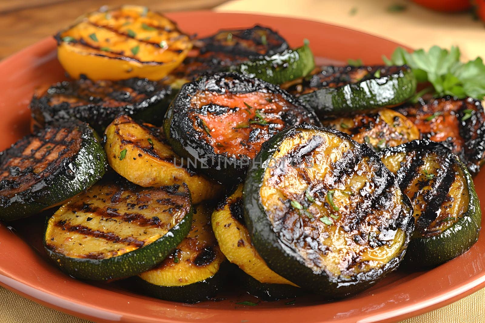 Colorful grilled vegetables on plate represent the freshness and attention to detail of the food, suitable for health communication, advertising healthy food that emphasizes the balance of nutrients.