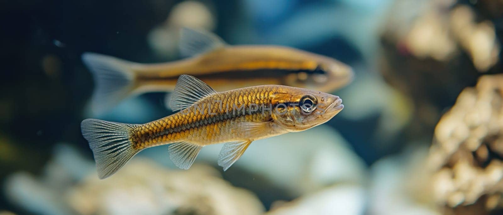 Two vibrant fish swim among rocks in a clear aquarium displaying their striking colors under the light creating a serene underwater atmosphere.