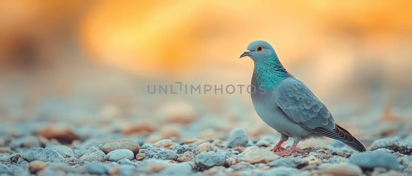 A solitary pigeon explores a pebbly surface its colorful feathers shimmering in the warm sunset light creating a tranquil atmosphere.