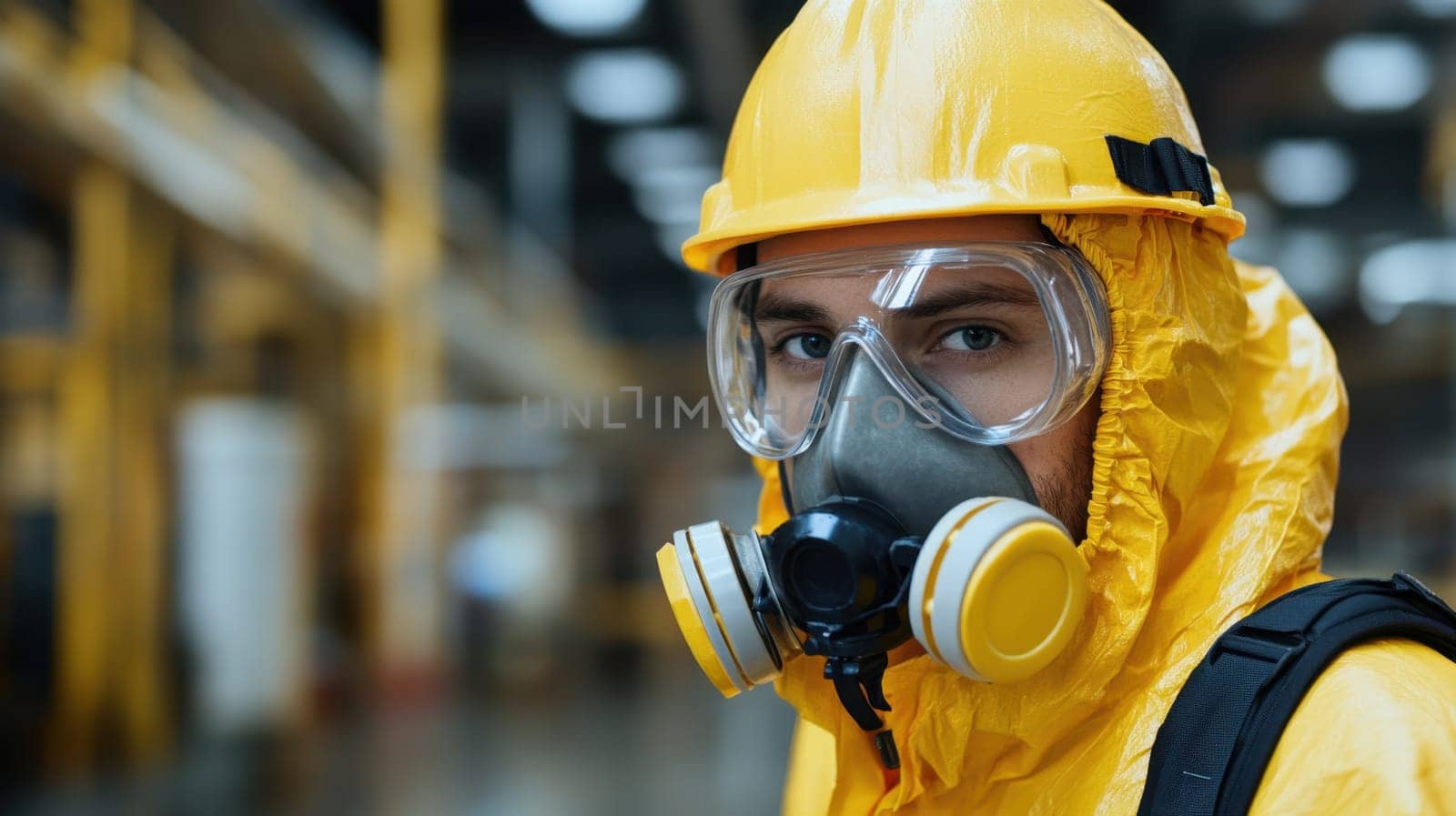 A worker wears protective gear including a mask and goggles in a factory setting demonstrating safety measures in a hazardous area.