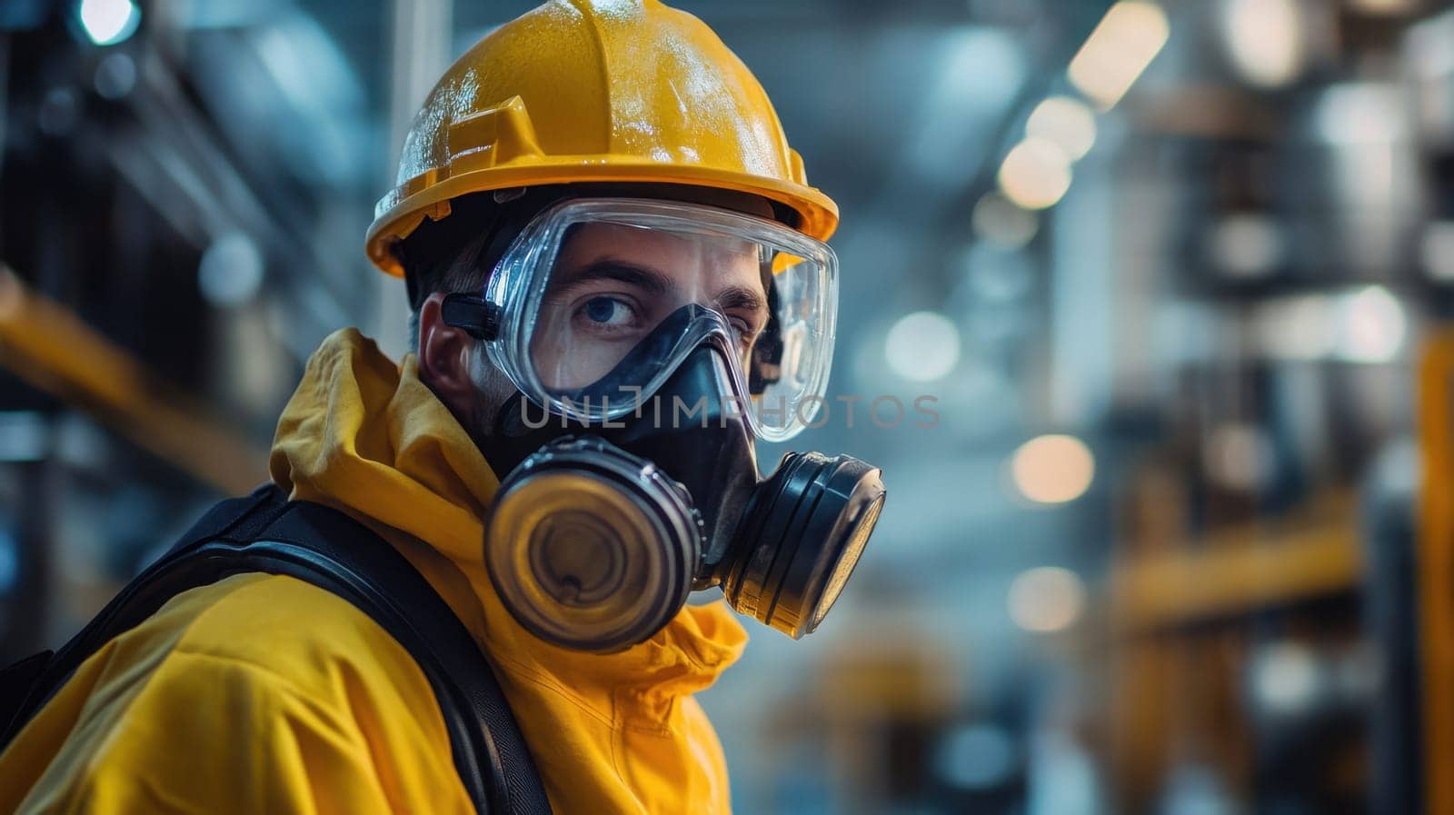 A worker in protective gear including a mask and goggles is focused in a factory filled with equipment and busy surroundings.