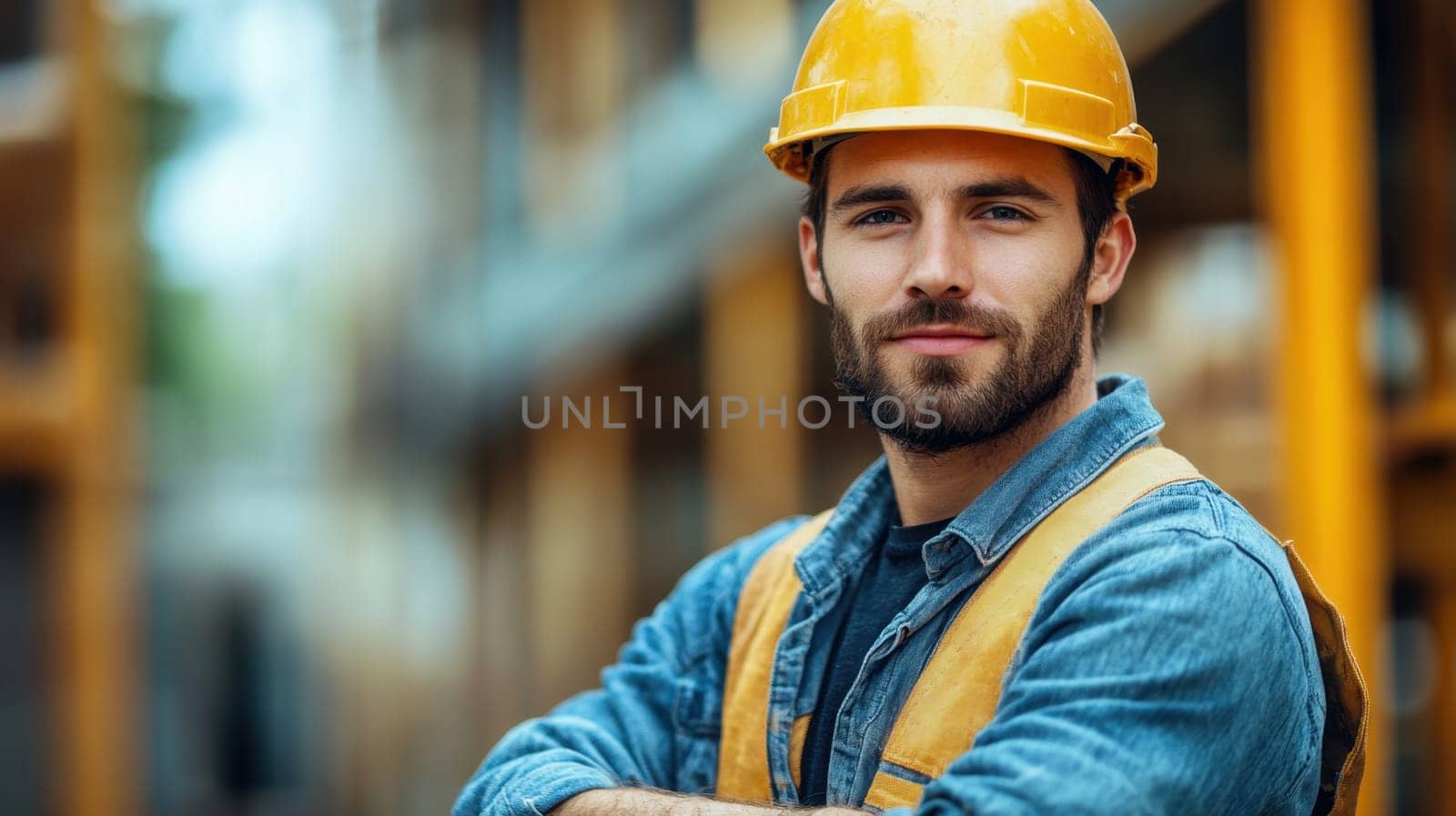 A construction worker stands with crossed arms wearing a hard hat and a safety vest showcasing his pride in the project.