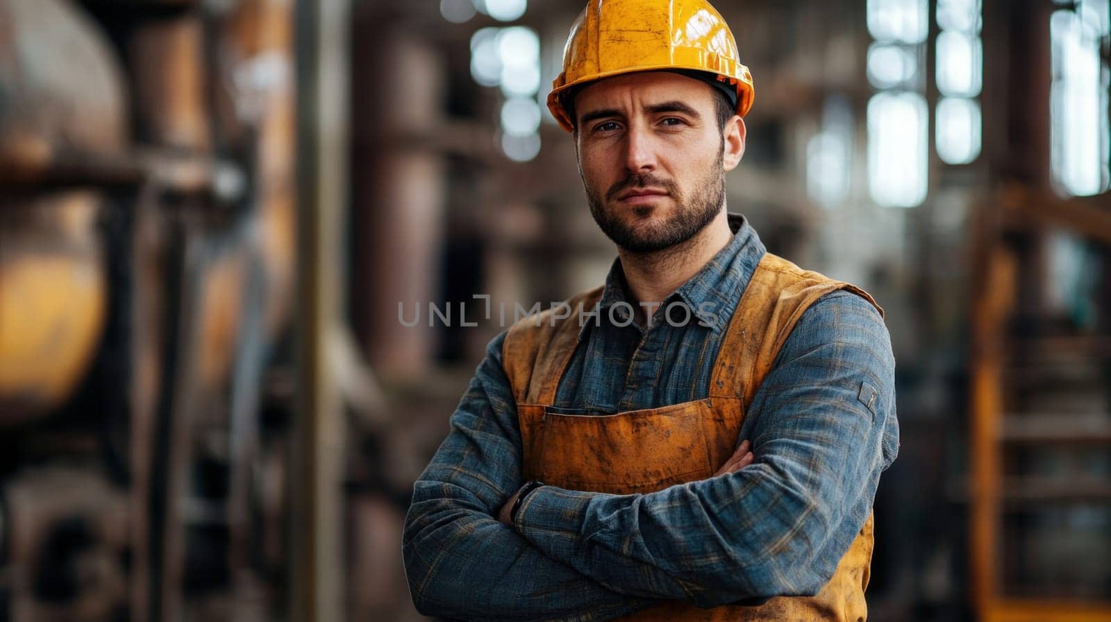 A skilled worker stands with arms crossed showcasing his professionalism in a manufacturing environment with machinery in the background.
