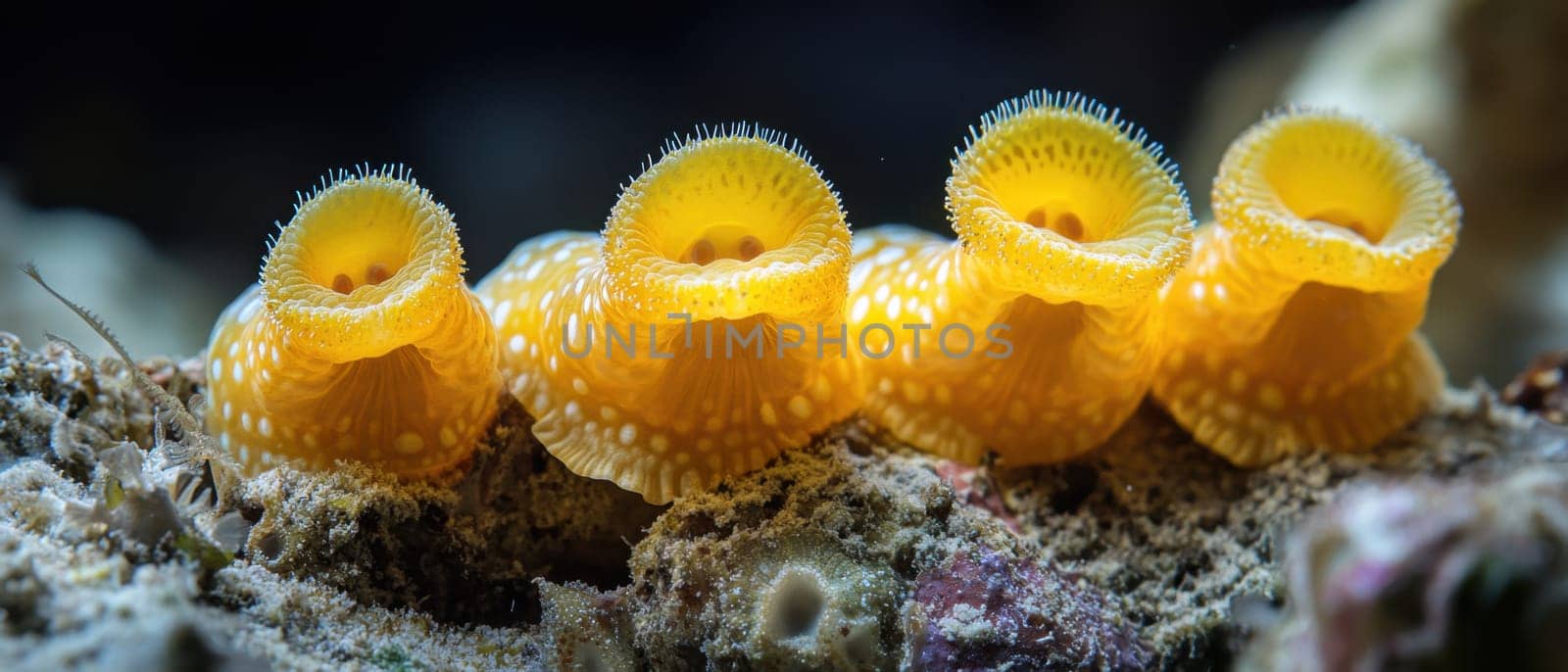 Bright yellow sea creatures line a coral reef showcasing intricate textures and patterns under the shimmering water.